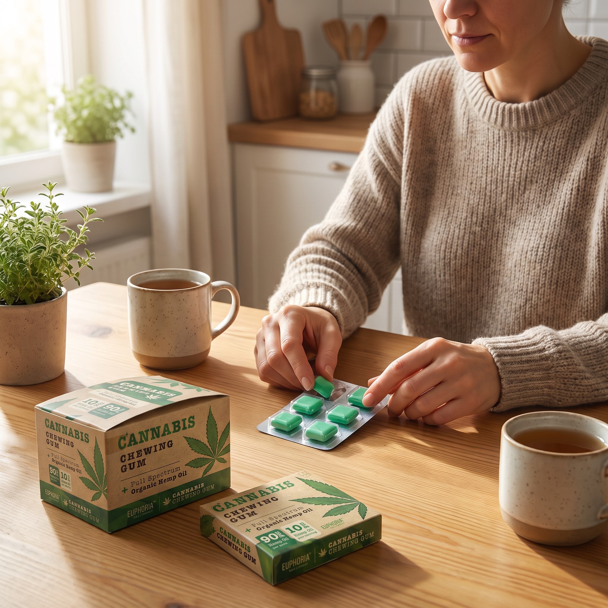Euphoria Cannabis Kaugummi mit Hanföl – Erwachsene nimmt in der Küche ein Euphoria Cannabis Kaugummi aus dem Blister