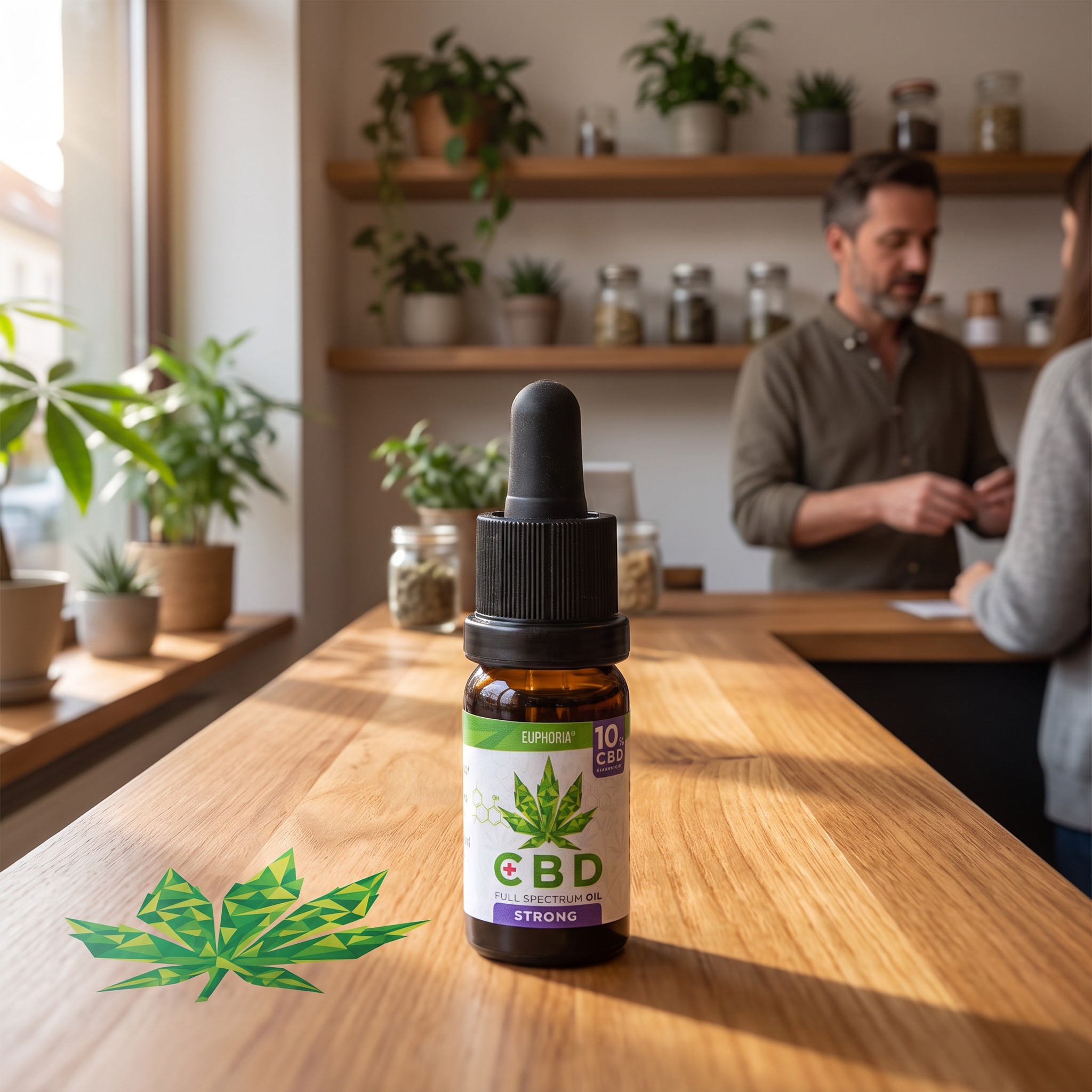 Euphoria CBD Öl – Euphoria CBD Öl Flasche auf der Theke eines Hanffachgeschäfts