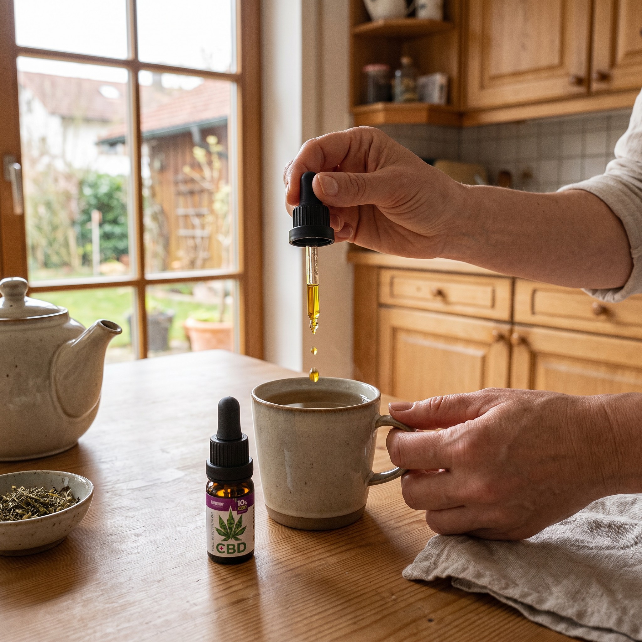Euphoria CBD Öl – Erwachsene tropft Euphoria CBD Öl in eine Tasse Kräutertee