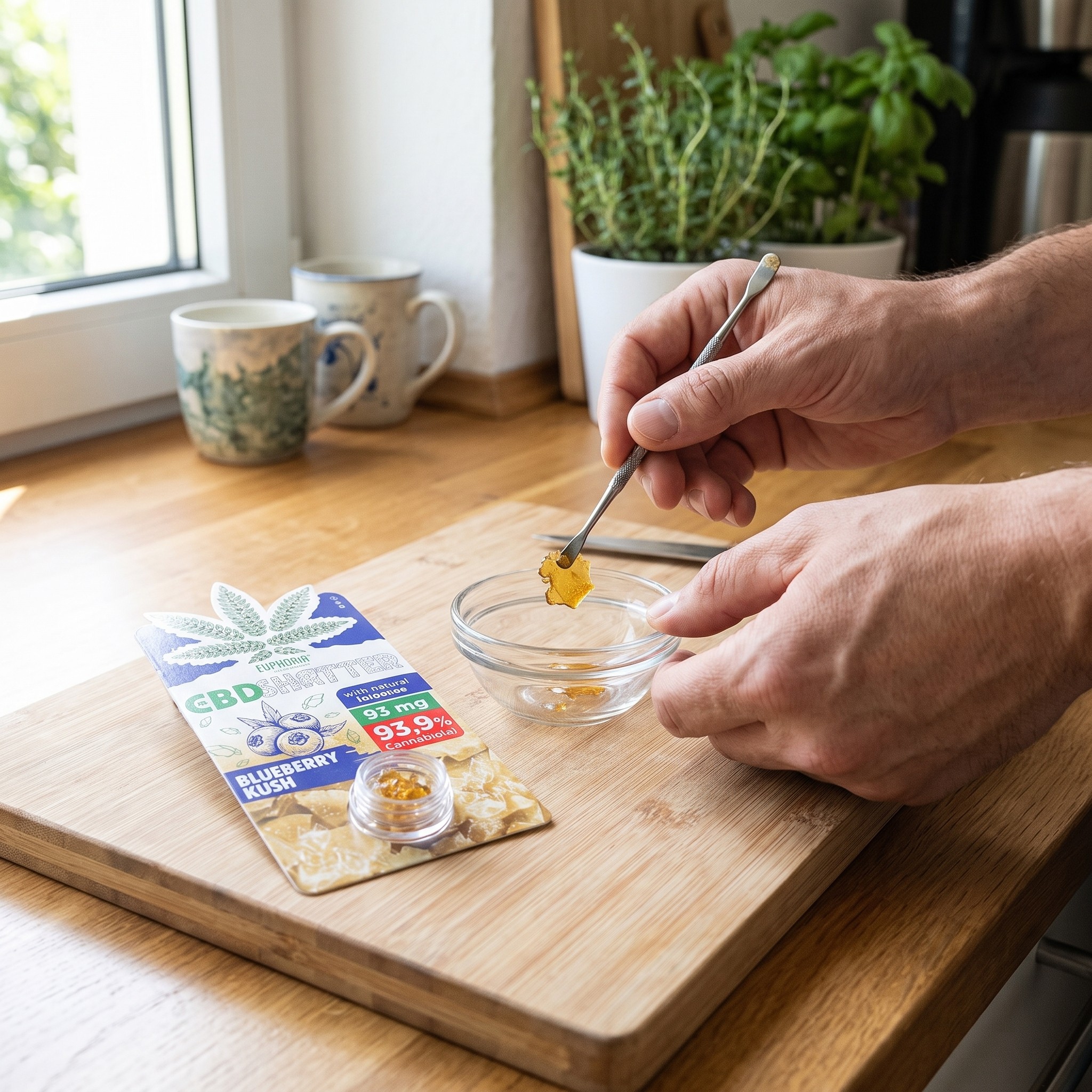 Euphoria CBD Shatter mit Terpenen – Erwachsener legt CBD Shatter mit einem Dab-Tool auf eine Glasschale