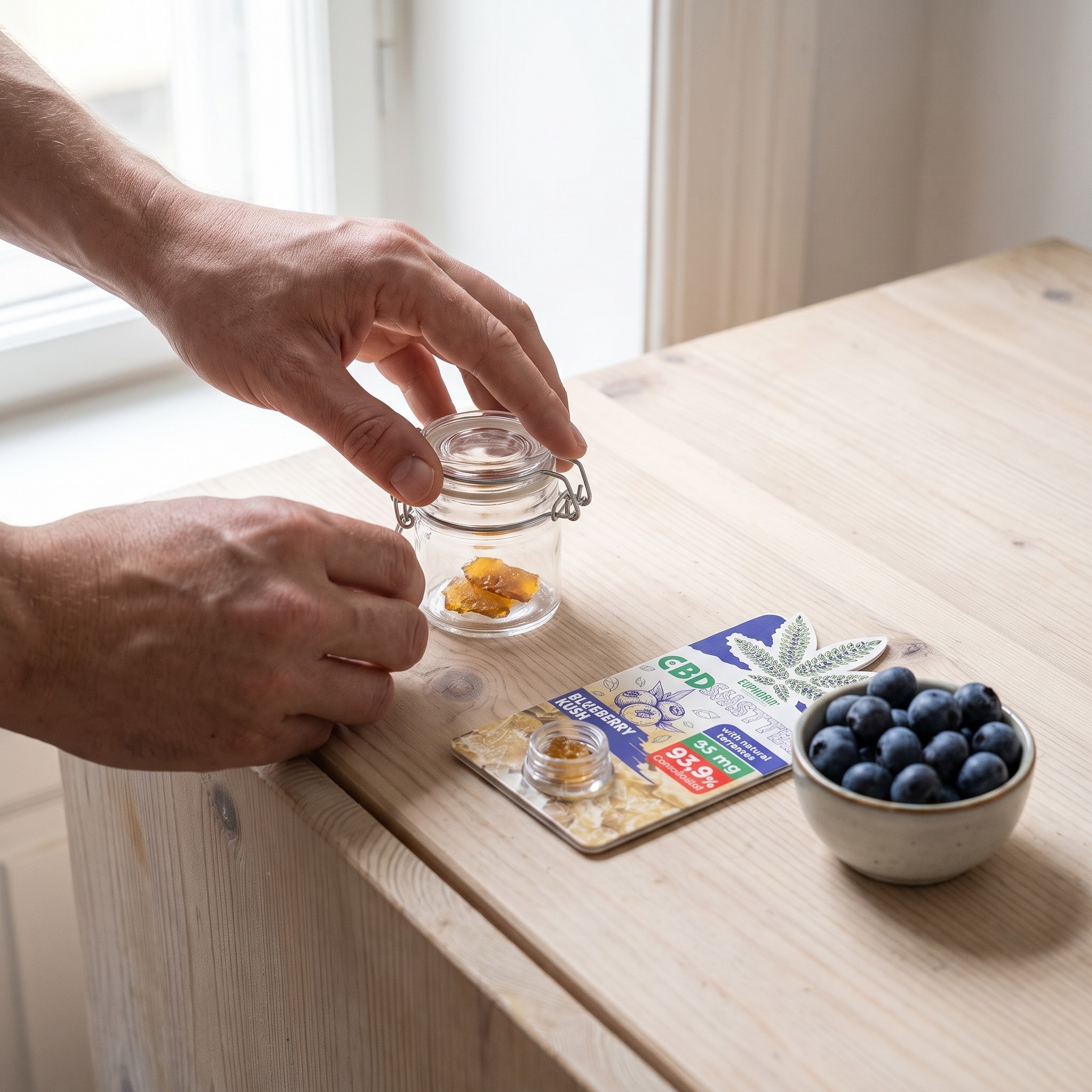 Euphoria CBD Shatter mit Terpenen – CBD Shatter neben Blaubeeren und Glasdose am Fenster-Sideboard