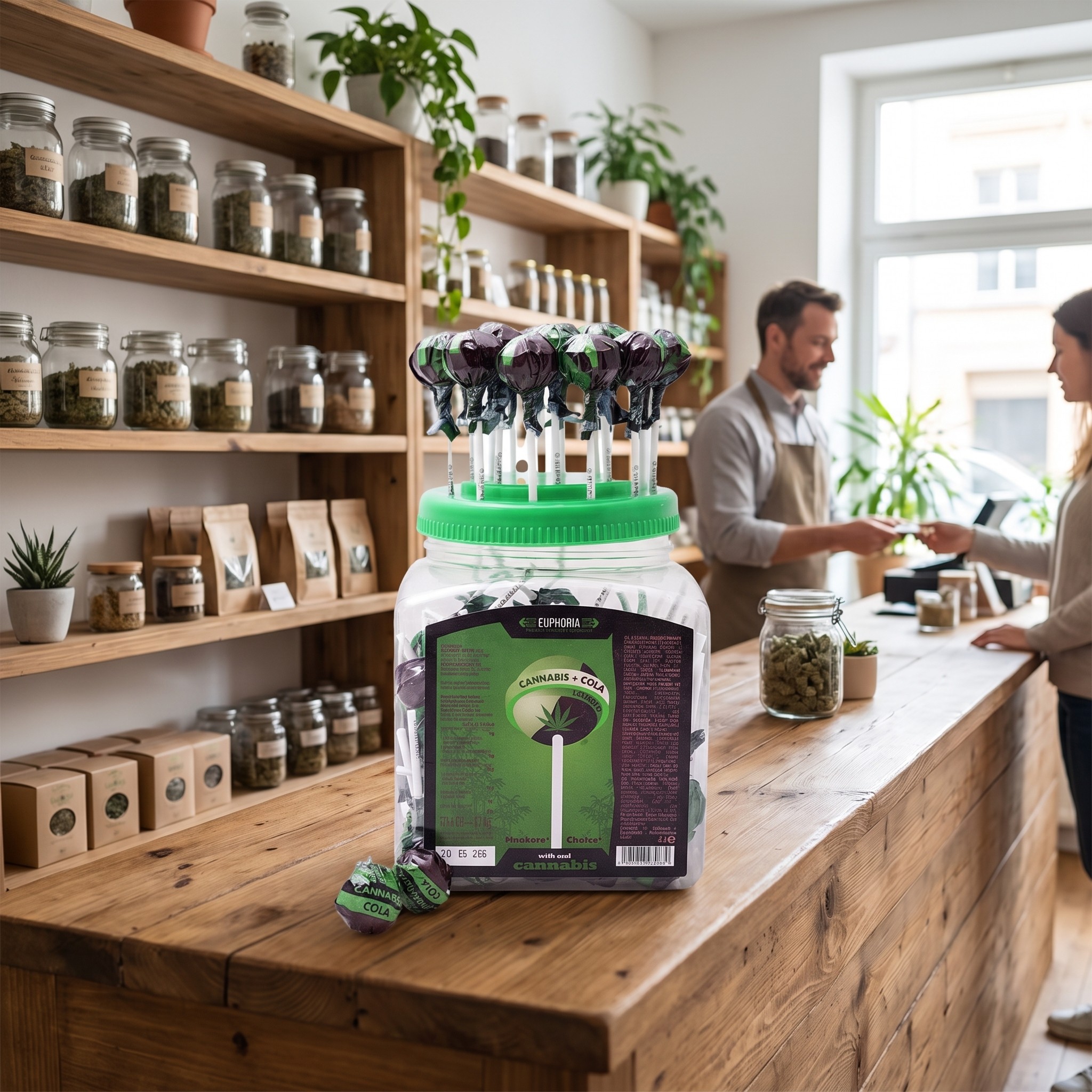 Euphoria Lollipops Cannabis Cola – Lollipop-Glas auf der Theke eines Hanf-Fachgeschäfts