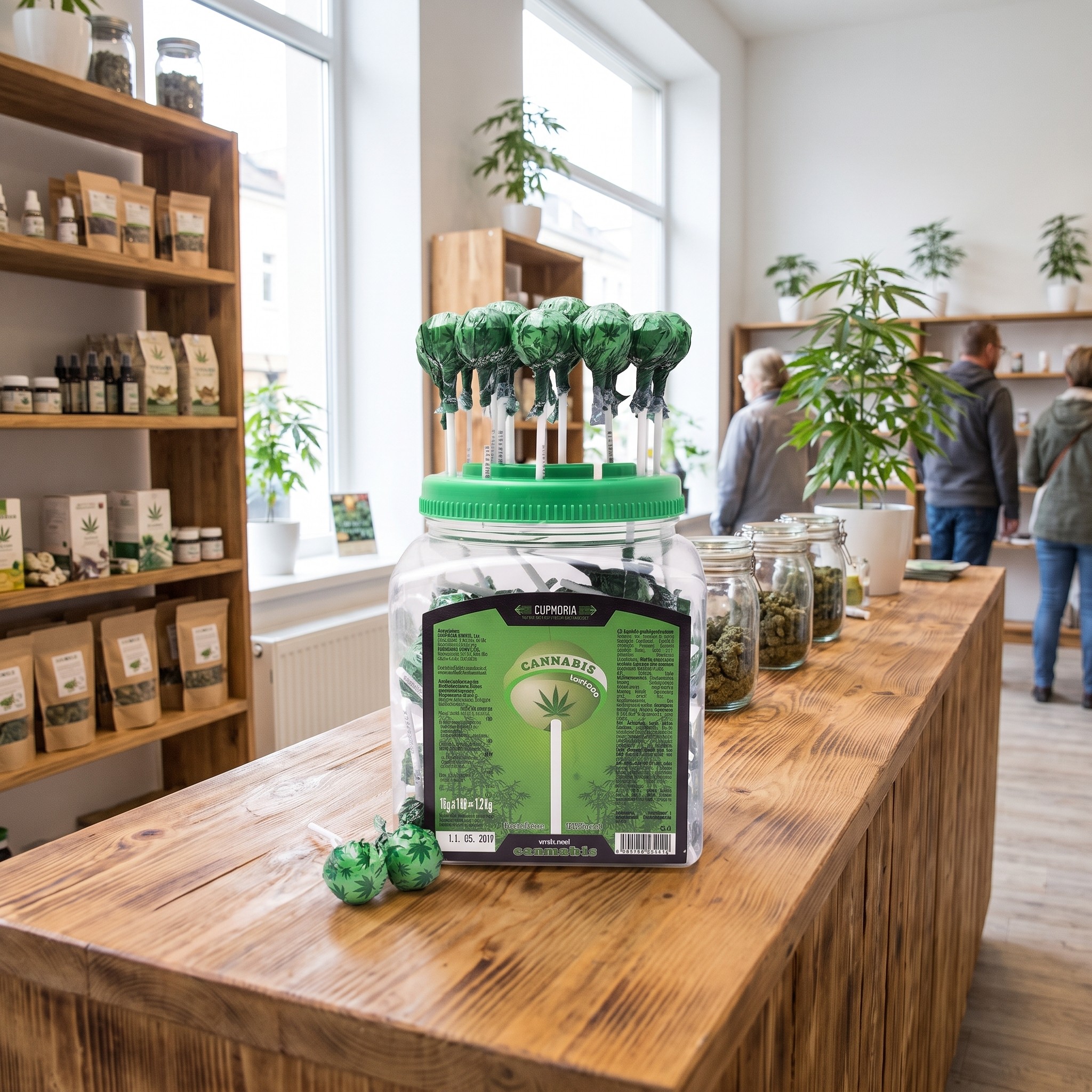 Euphoria Cannabis Lollipops Sweet – Euphoria Cannabis-Lollis im Glas auf der Theke eines Hanf-Fachgeschäfts