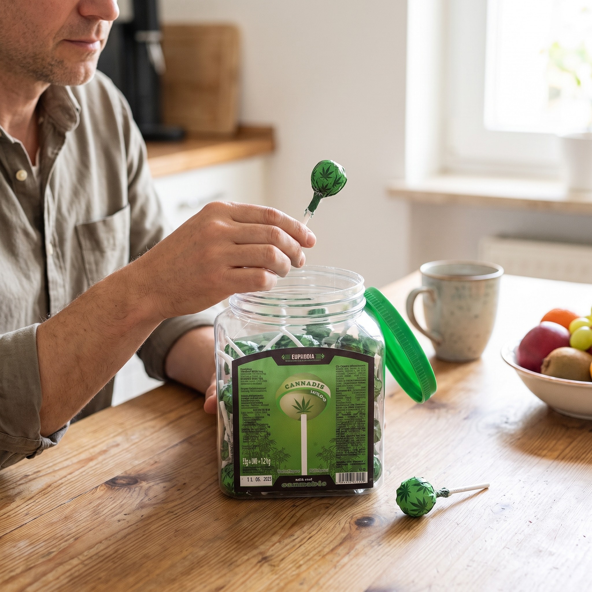 Euphoria Cannabis Lollipops Sweet – Erwachsene Person nimmt in der Küche einen Euphoria Cannabis-Lolli aus dem Glas