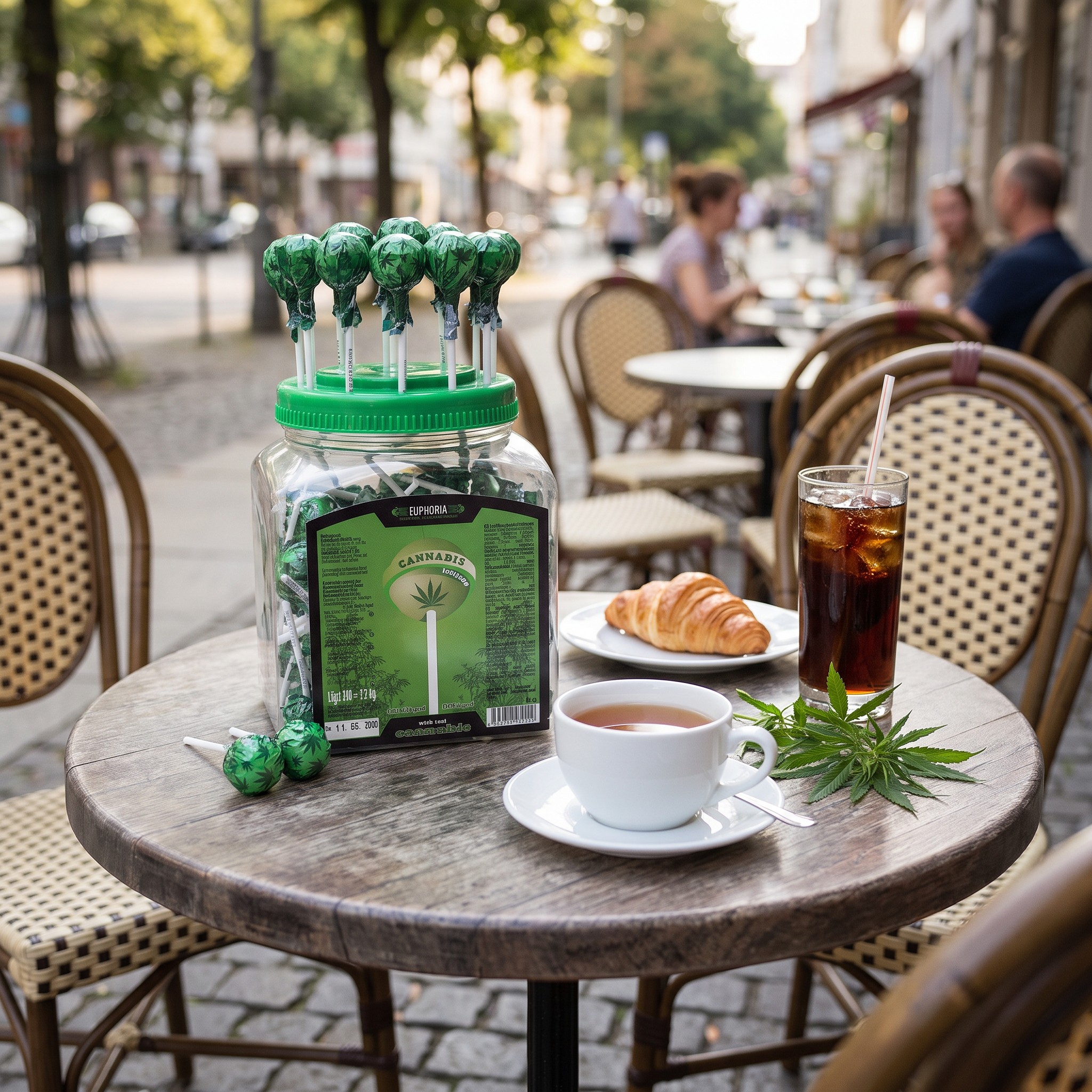Euphoria Cannabis Lollipops Sweet – Euphoria Cannabis-Lollis im Glas auf einem Café-Tisch mit Tee und Cola