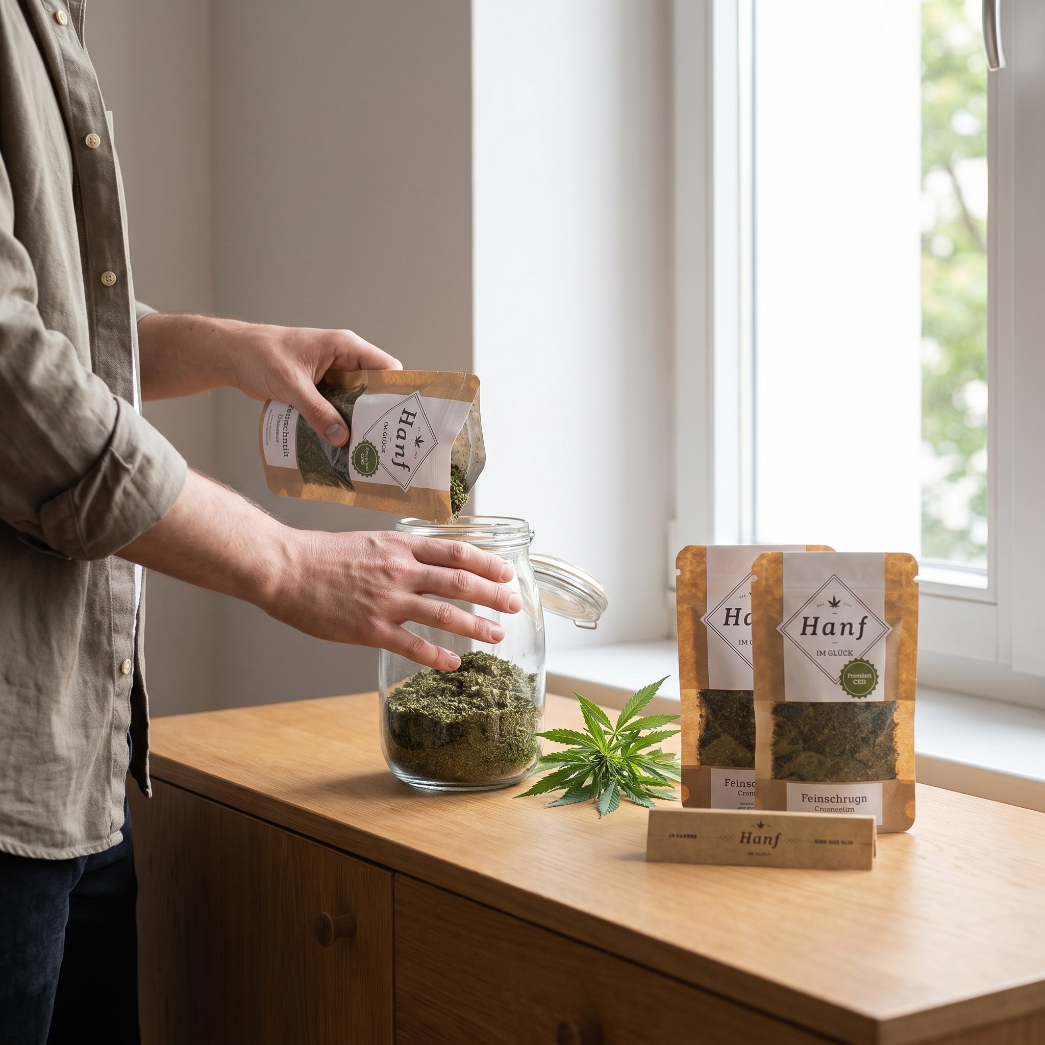 Feinschnitt Bundle – Feinschnitt Bundle beim Umfüllen in ein Vorratsglas am Fensterboard