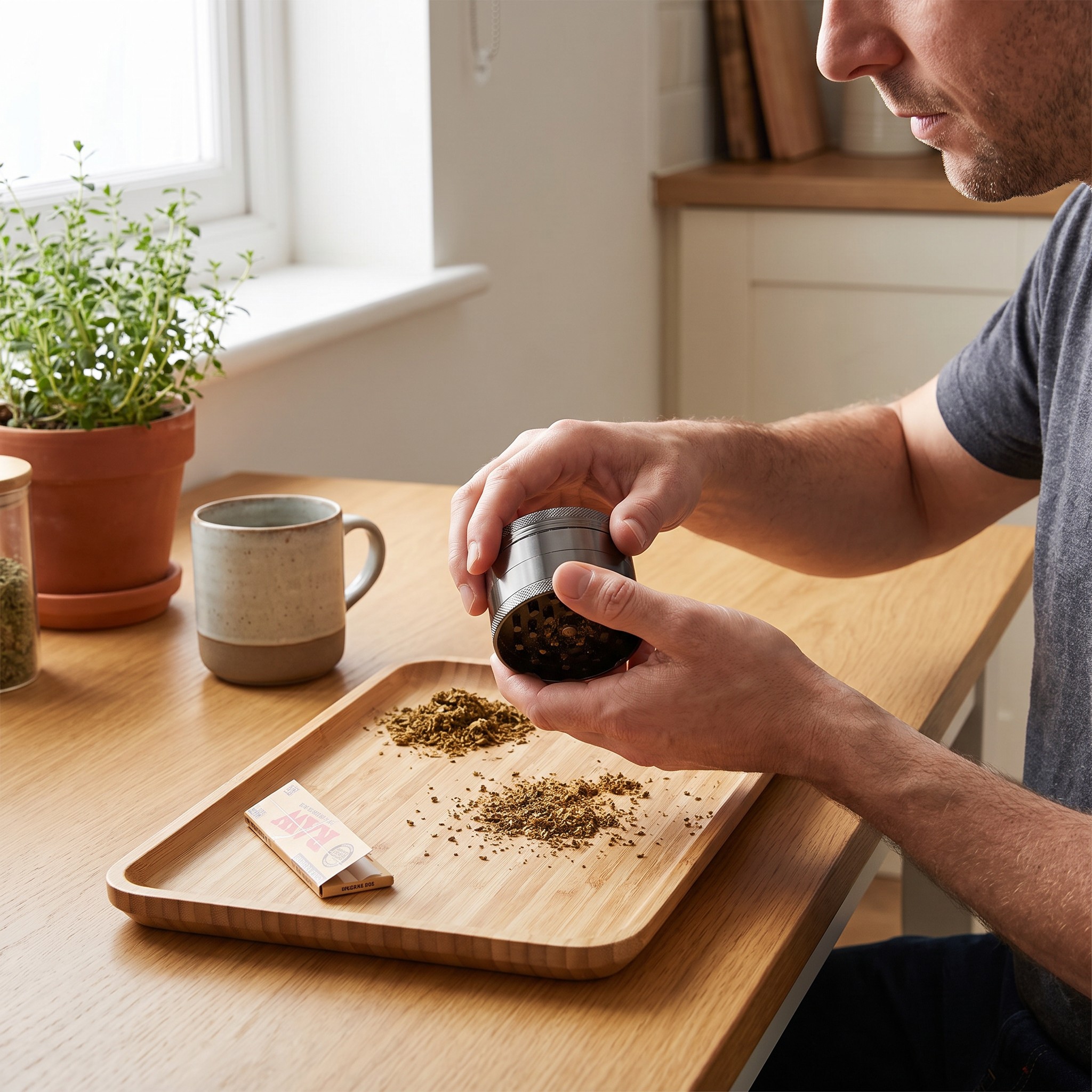 Grinder Metall 4 Teile – Erwachsener mahlt Kräuter mit dem vierteiligen Metallgrinder über einem Tablett