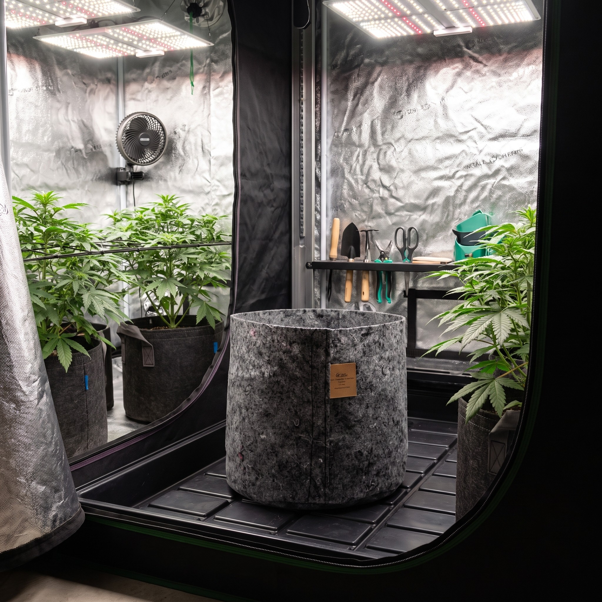 Growtopf – Growtopf steht in einem aufgeräumten Homegrow-Zelt