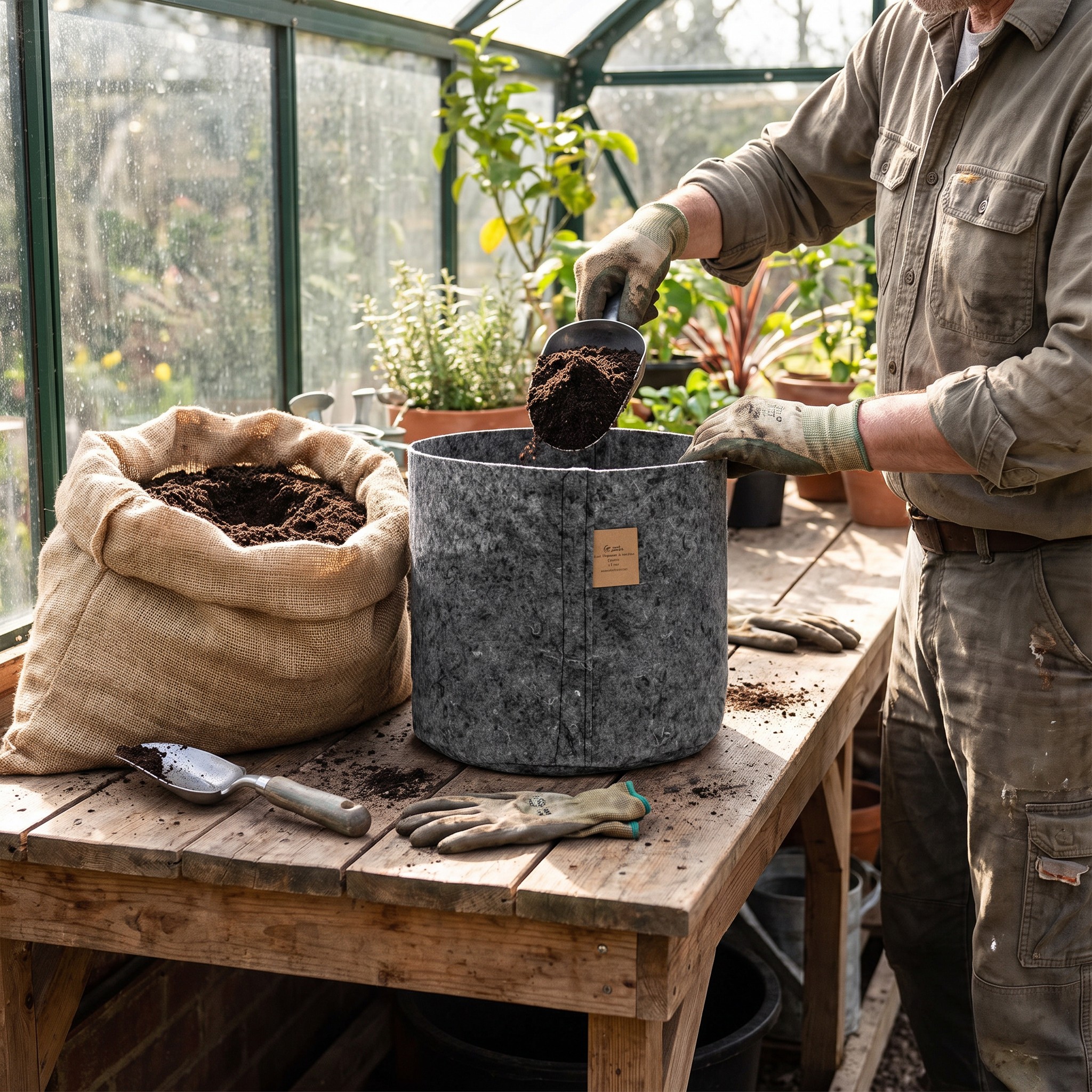 Growtopf – Erwachsener füllt den Growtopf am Pflanztisch mit Erde