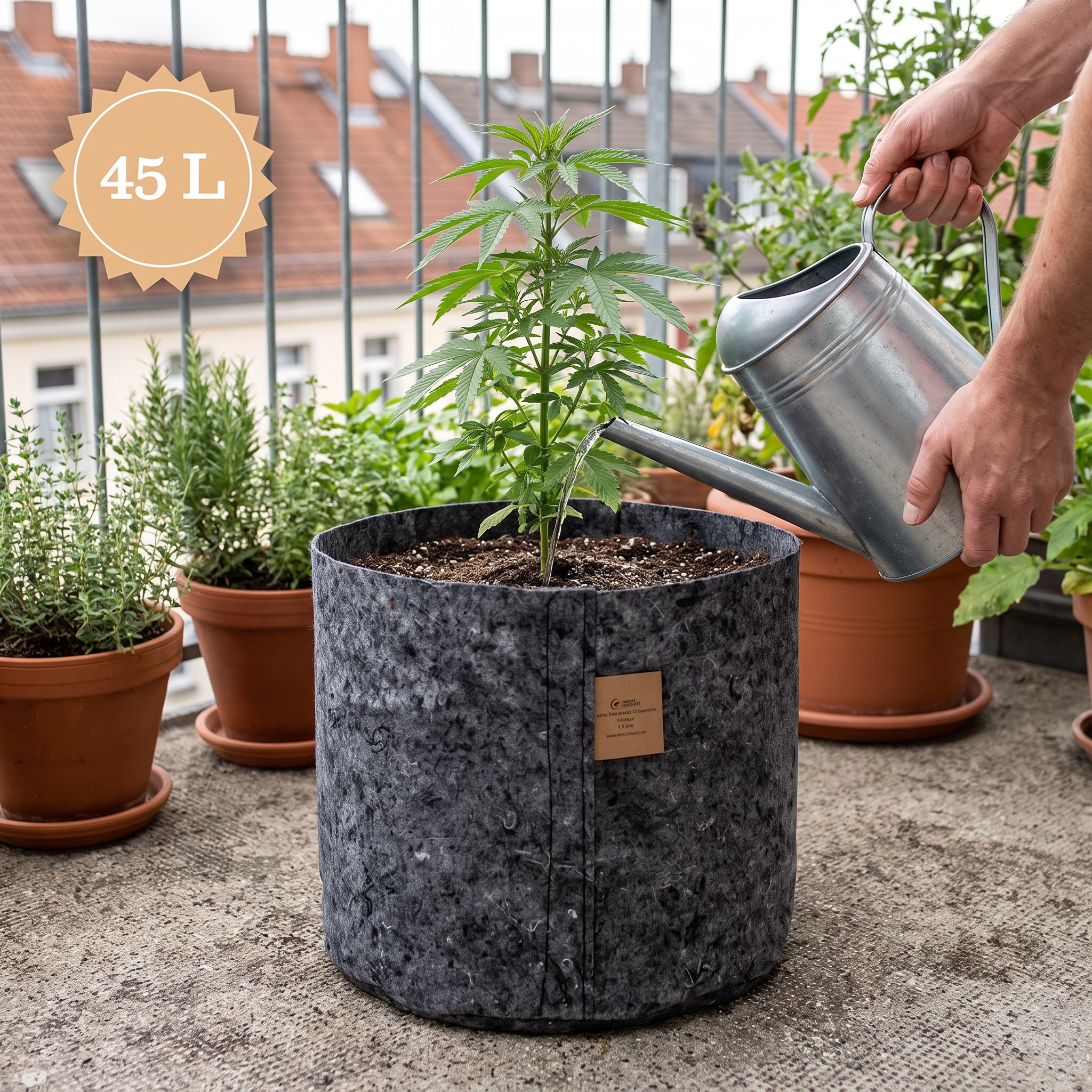 Growtopf – Growtopf mit Pflanze wird auf dem Balkon gegossen