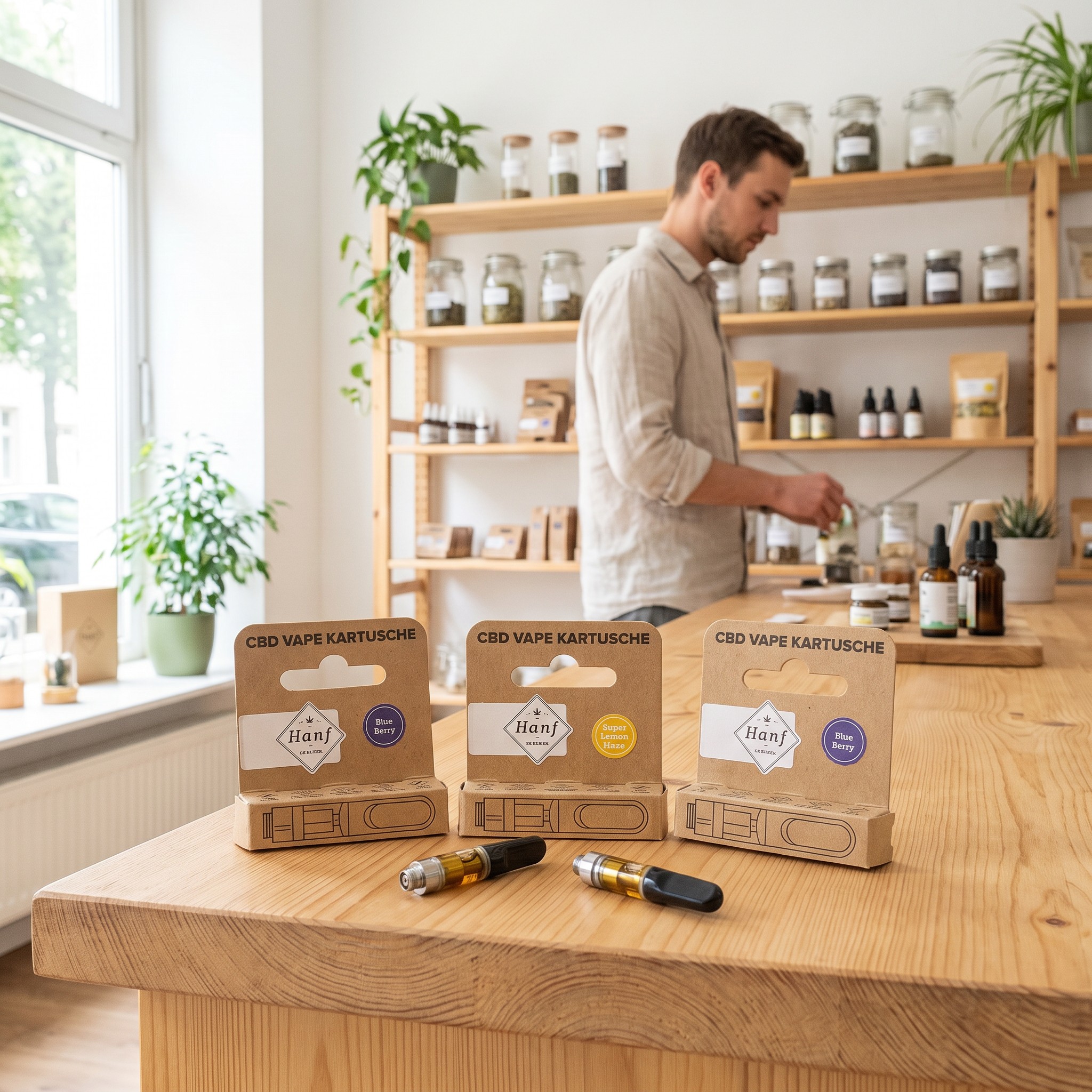 Hanf im Glück Vape Pen Kartusche – Hanf im Glück Vape-Kartuschen auf der Theke eines Hanf-Fachgeschäfts