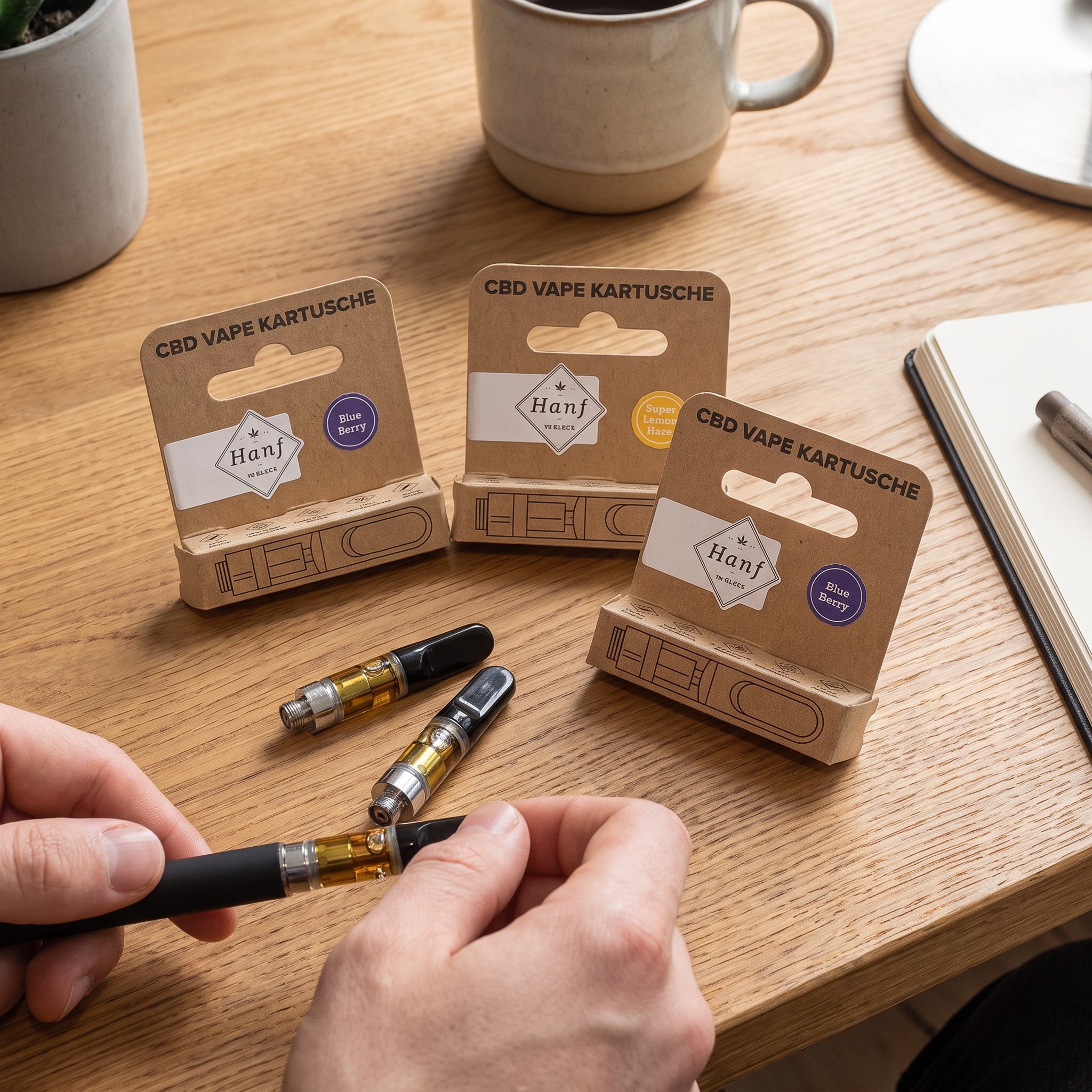 Hanf im Glück Vape Pen Kartusche – Erwachsene Person setzt eine Vape-Kartusche auf einen 510er-Akku am Schreibtisch