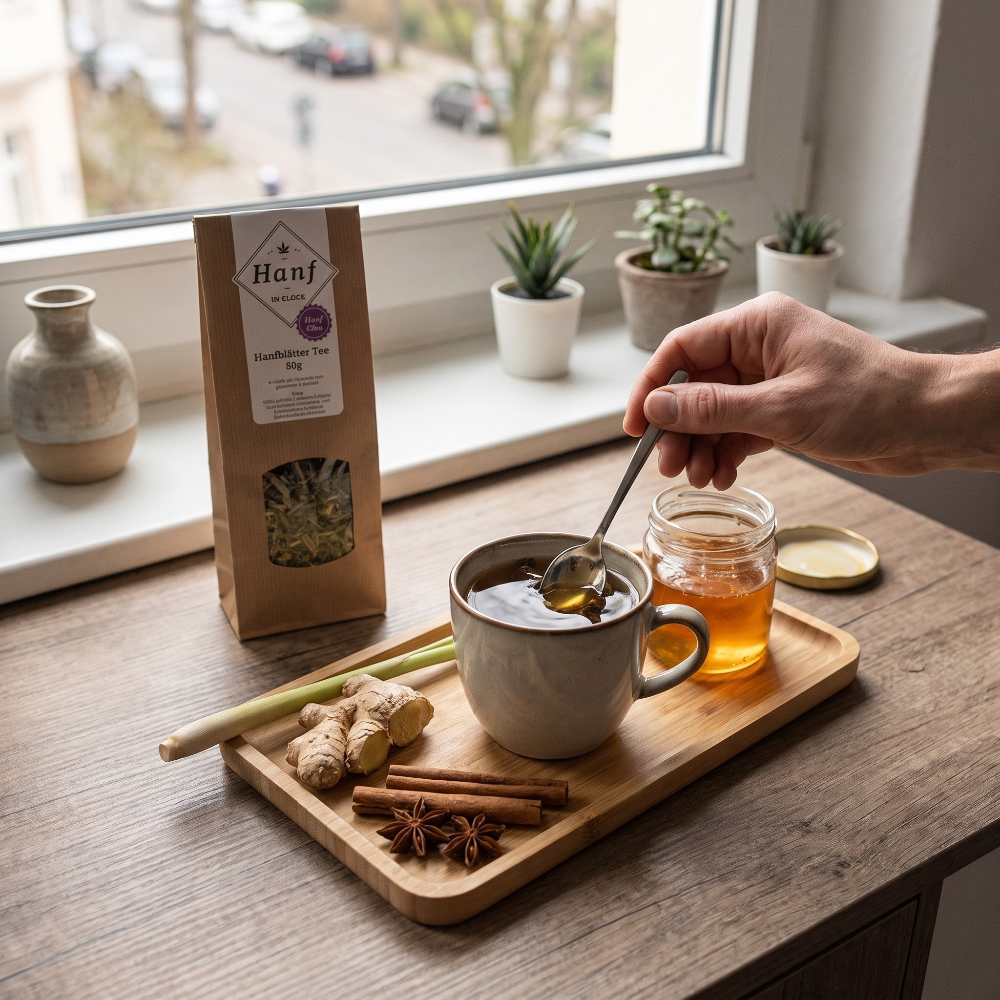 Hanf im Glück Hanftee – Hanf-Chai-Tee mit Honig und Gewürzen am Fensterbrett