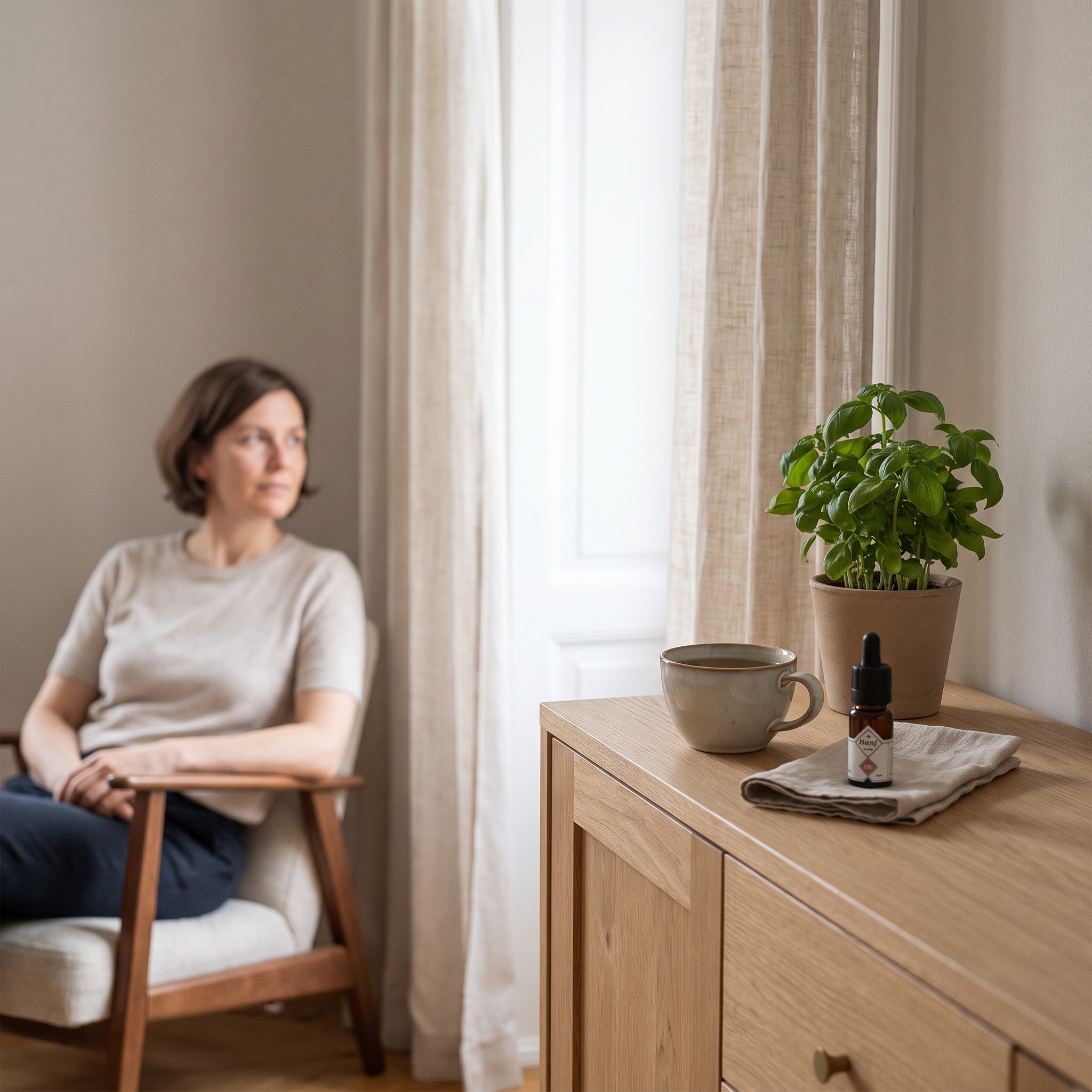 Hanf im Glück MCT CBD Öl – MCT CBD Öl Flasche auf dem Sideboard am Fenster im Morgenlicht