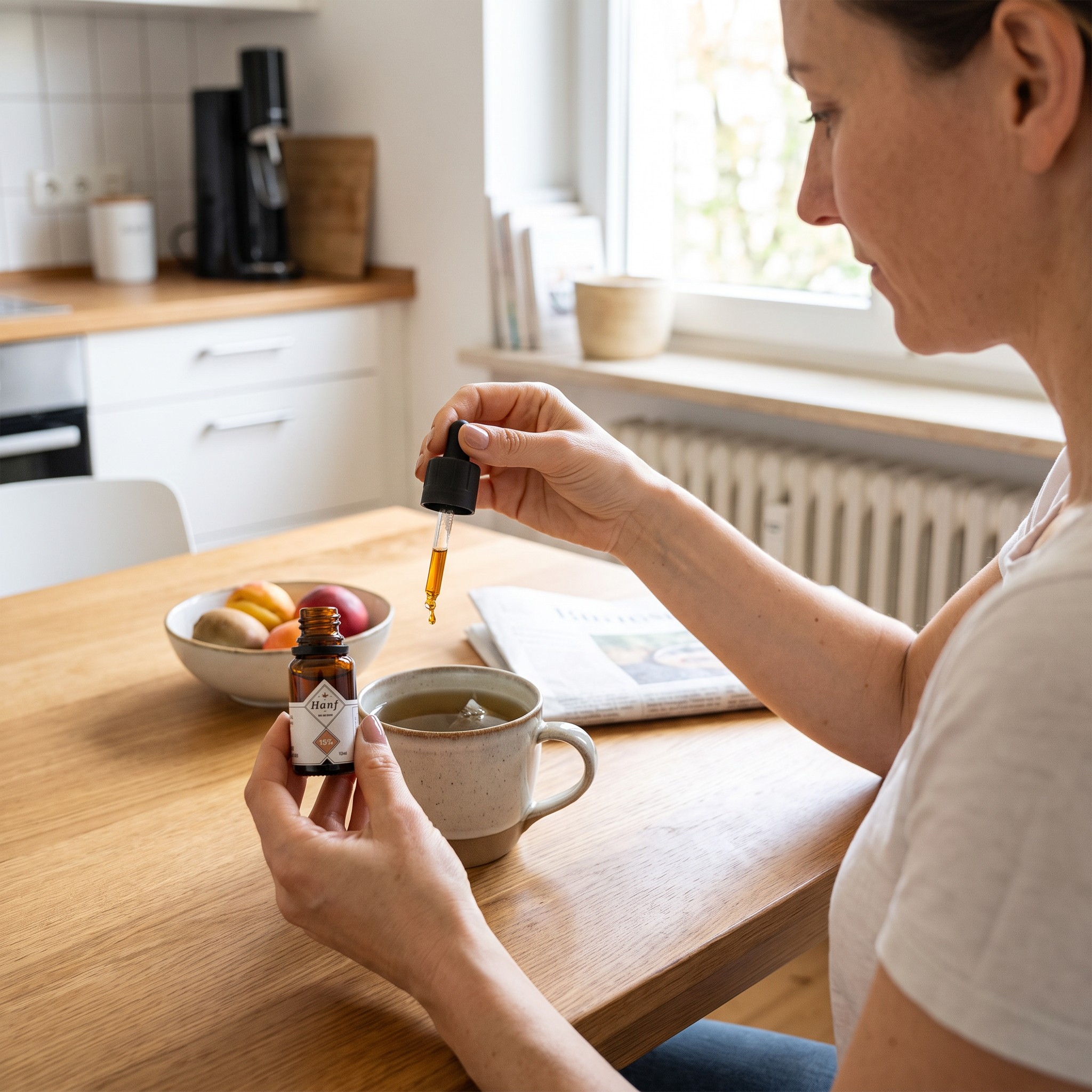 Hanf im Glück MCT CBD Öl – Erwachsene tropft MCT CBD Öl in eine Tasse Kräutertee
