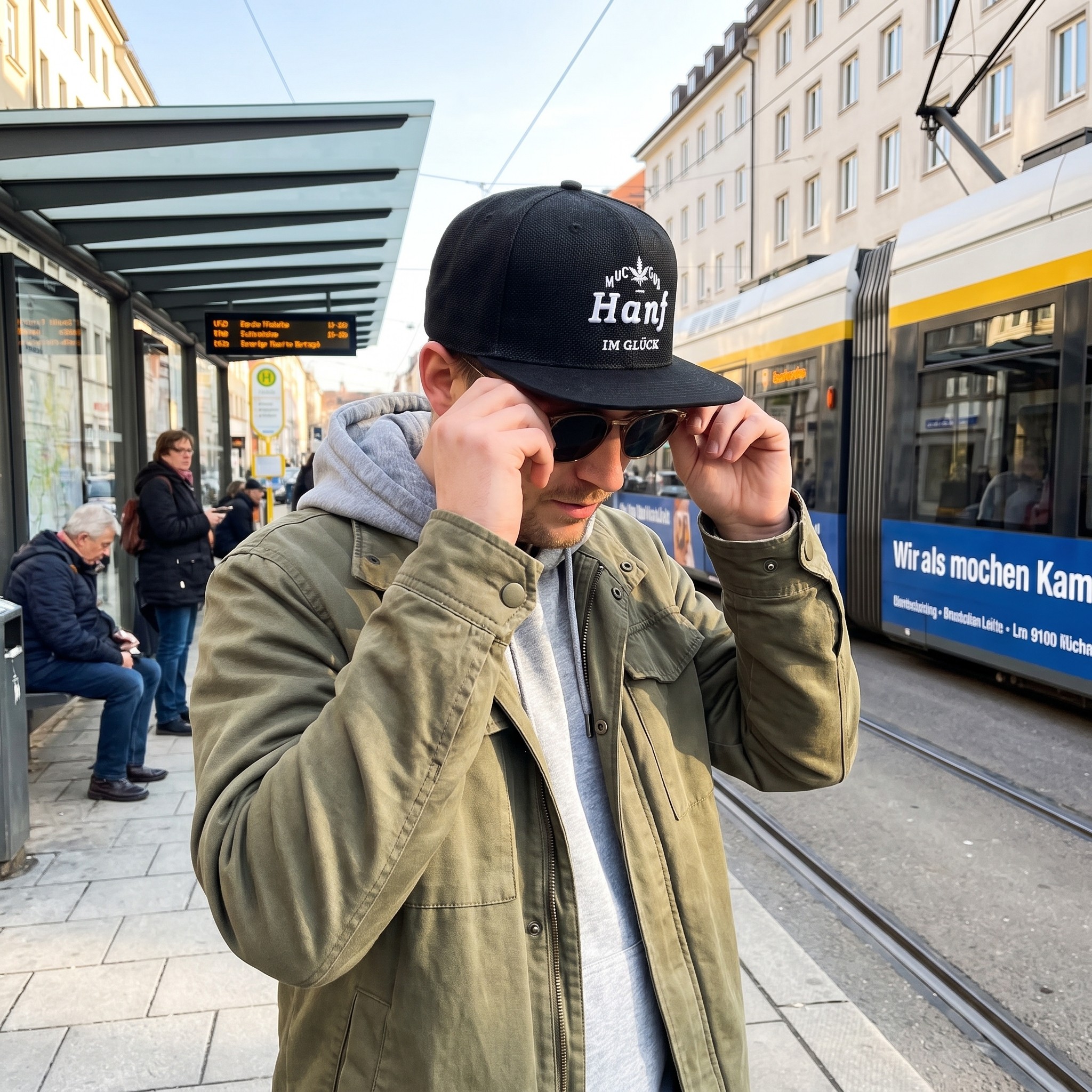 Hanf im Glück Snapback Cap – Erwachsene Person mit Hanf im Glück Snapback Cap an einer Stadt-Haltestelle
