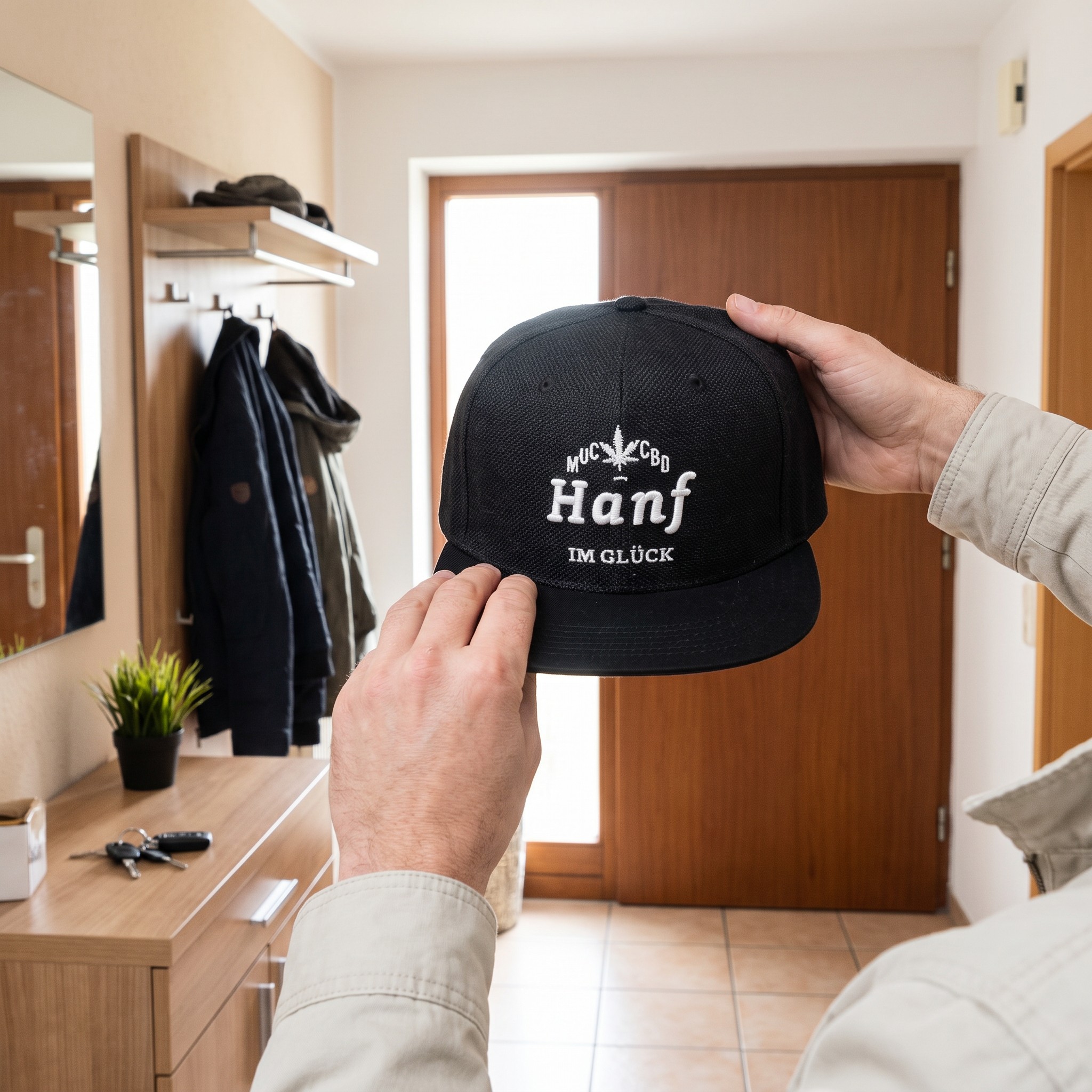 Hanf im Glück Snapback Cap – Erwachsene Person setzt die Hanf im Glück Snapback Cap im Flur auf
