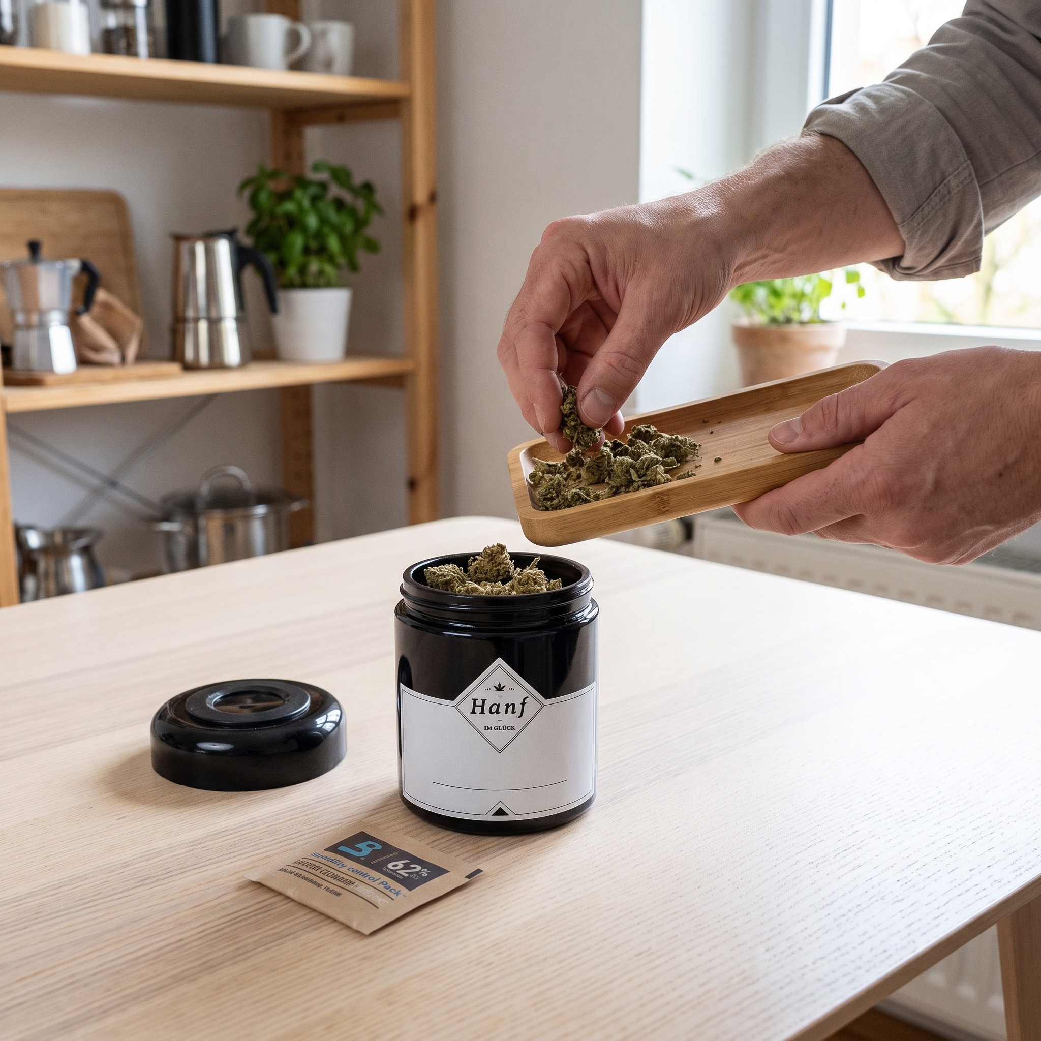 Hanf im Glück Stash Jar – Erwachsener füllt das Hanf im Glück Stash Jar an einem Küchentisch