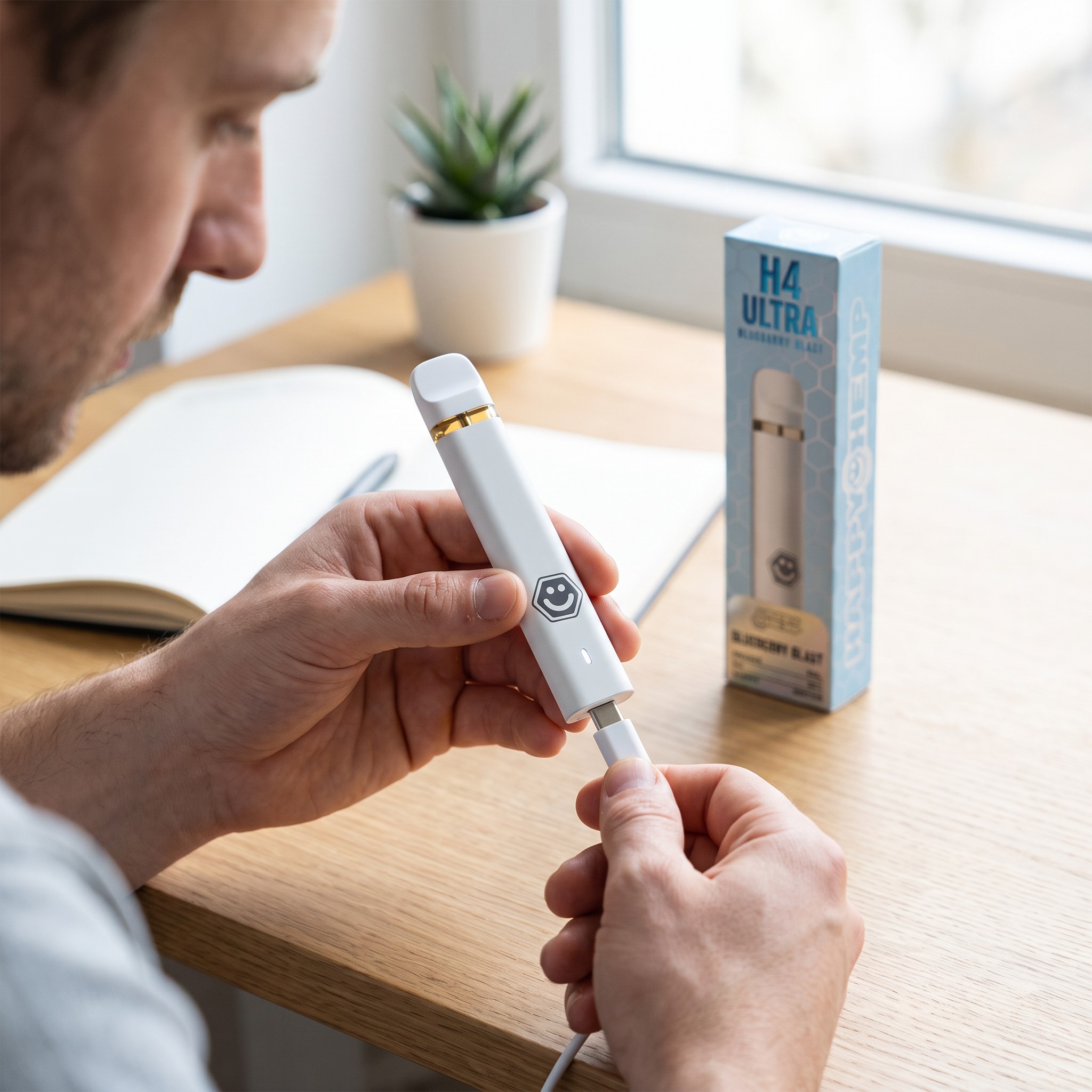 HappyHemp H4 Ultra – Erwachsener lädt den weißen HappyHemp H4 Ultra Vape per USB-C am Schreibtisch