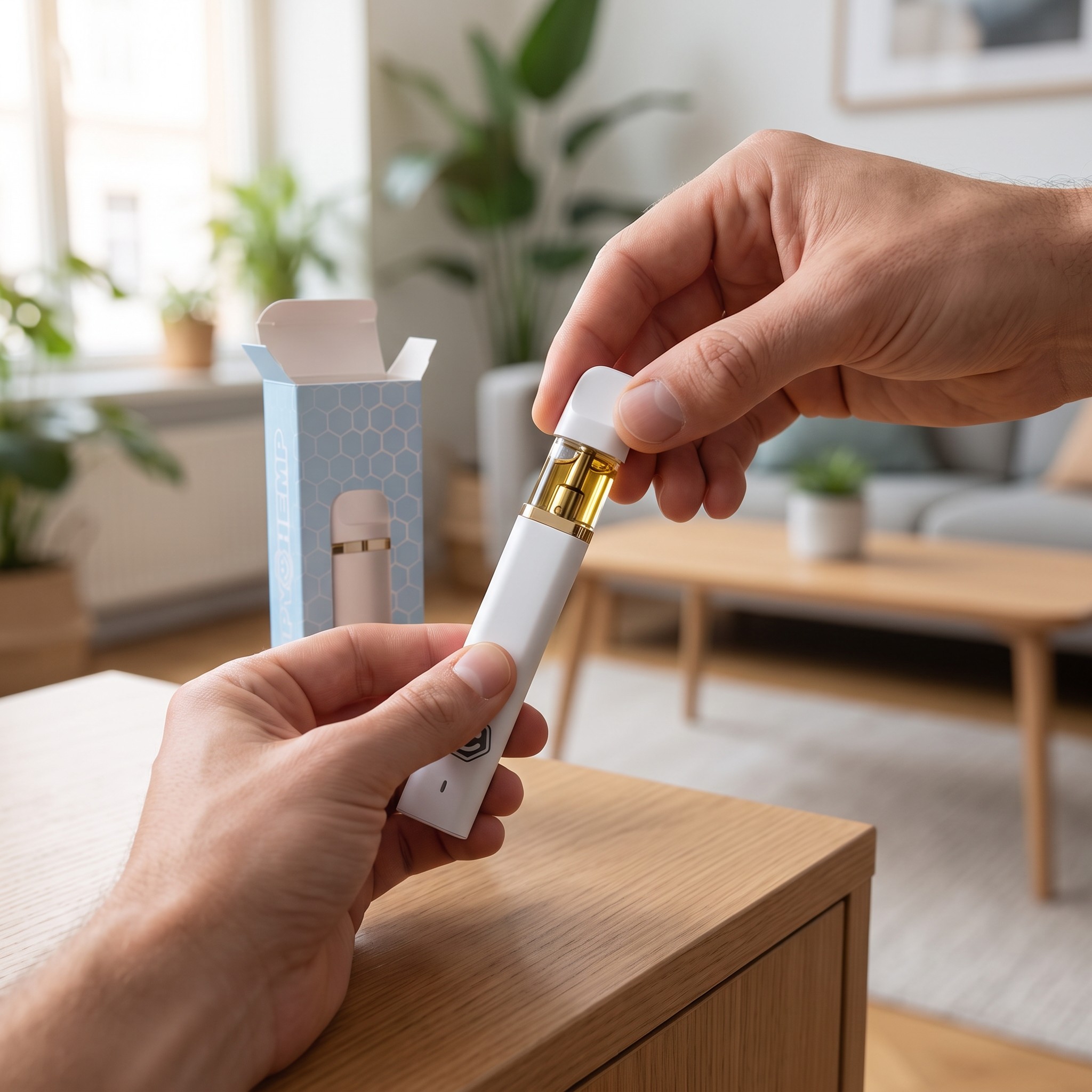 HappyHemp H4 Ultra – Erwachsener setzt das Mundstück auf den weißen HappyHemp H4 Ultra Vape