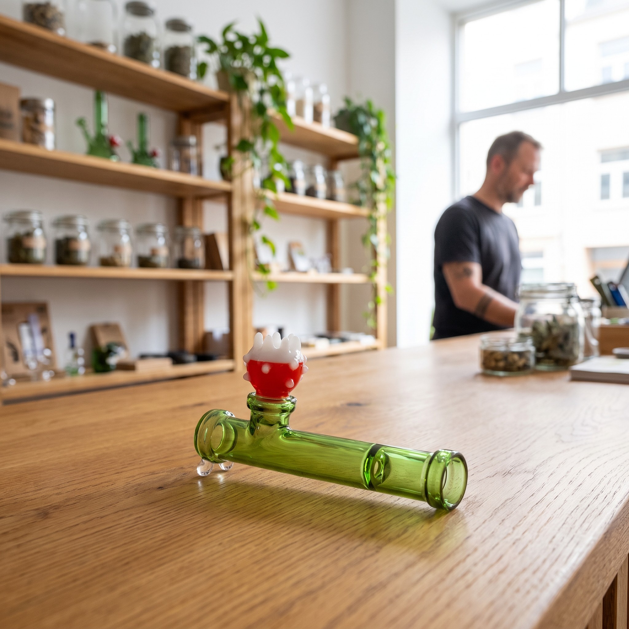 HEMPER Super Mario Pfeife – Glas-Handpfeife liegt auf der Holztheke eines Hanf-Fachgeschäfts