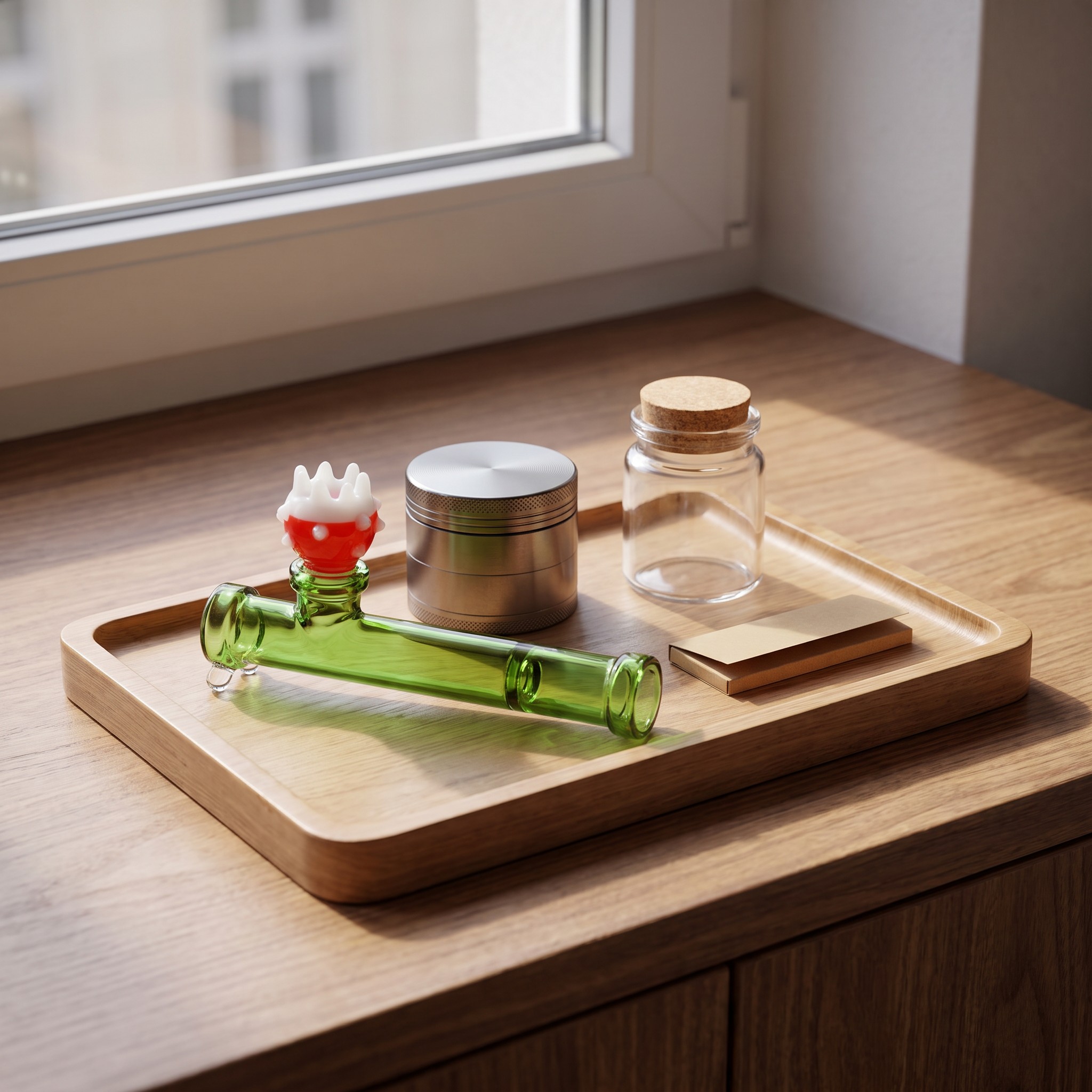 HEMPER Super Mario Pfeife – Handpfeife mit Grinder und Tablett auf einem sonnigen Sideboard