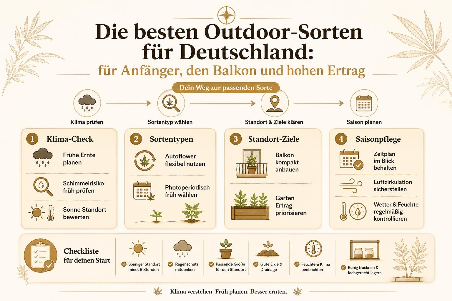 Infografik: Die besten Outdoor-Sorten für Deutschland: für Anfänger, den Balkon und hohen Ertrag