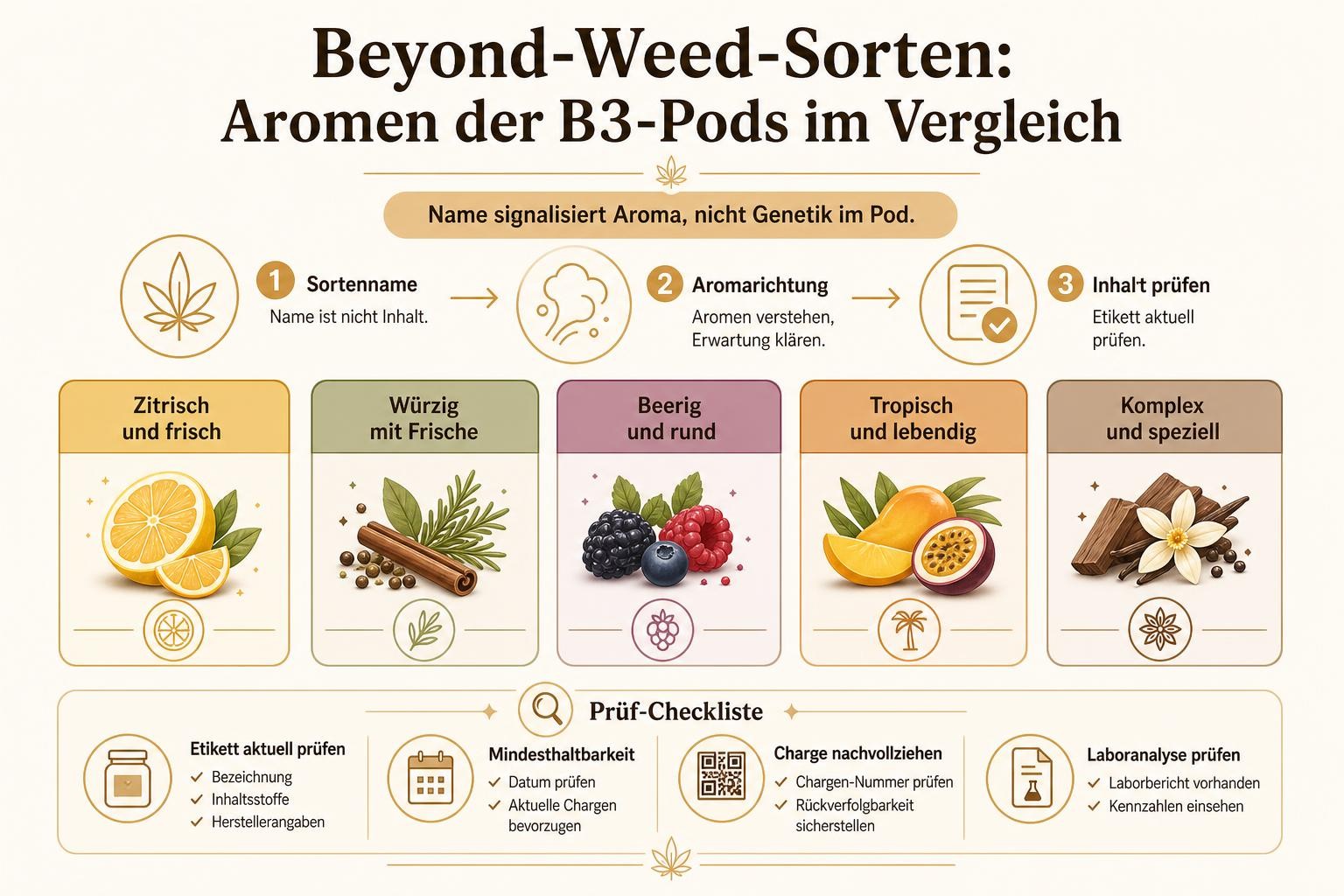 Infografik: Beyond-Weed-Sorten: Aromen der B3-Pods im Vergleich