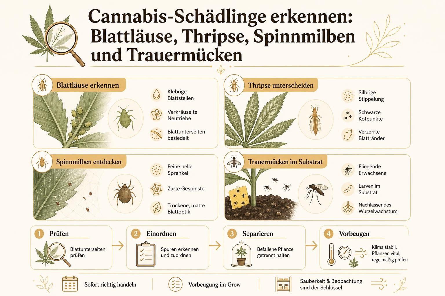 Infografik: Cannabis-Schädlinge erkennen: Blattläuse, Thripse, Spinnmilben und Trauermücken