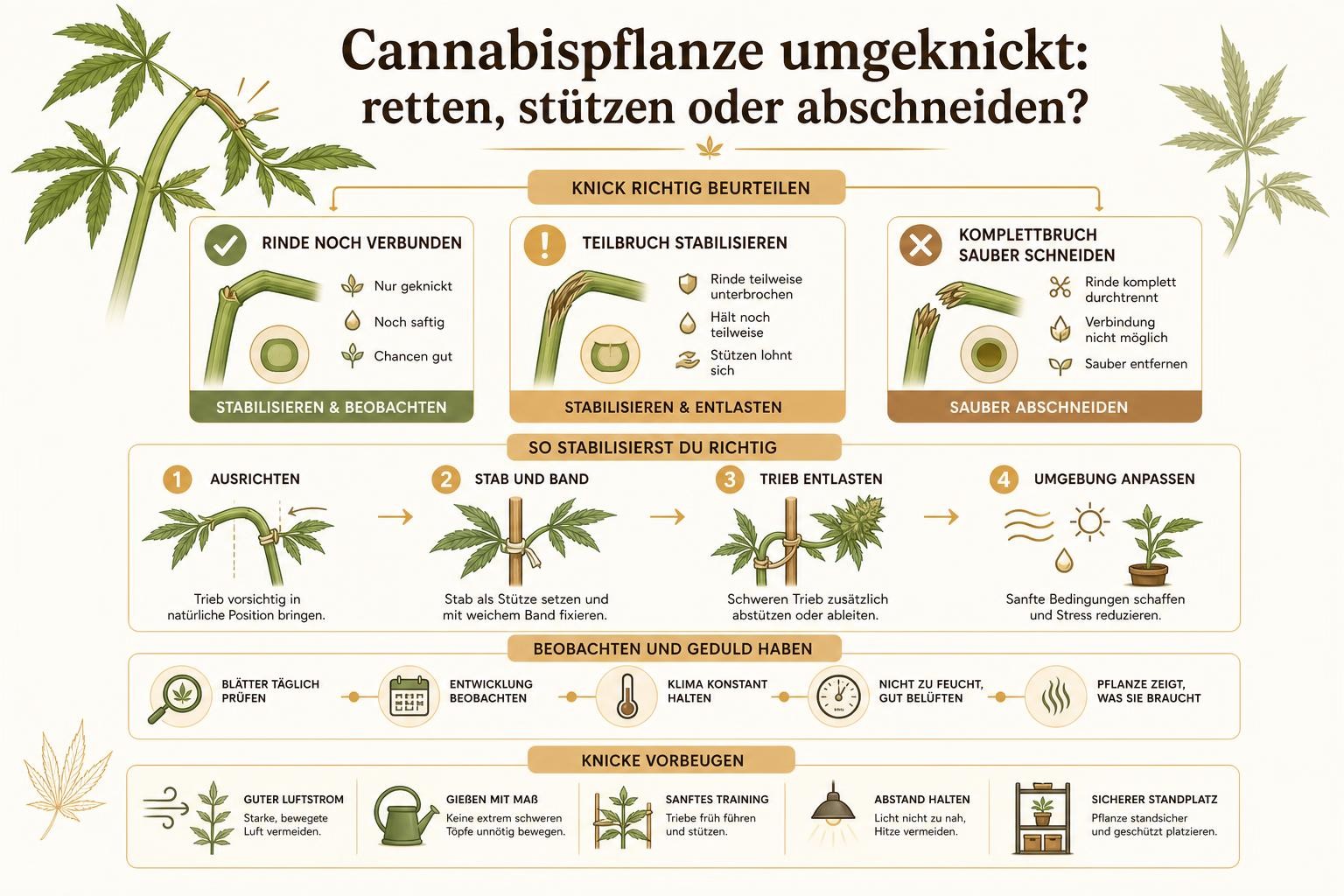 Infografik: Cannabispflanze umgeknickt: retten, stützen oder abschneiden?