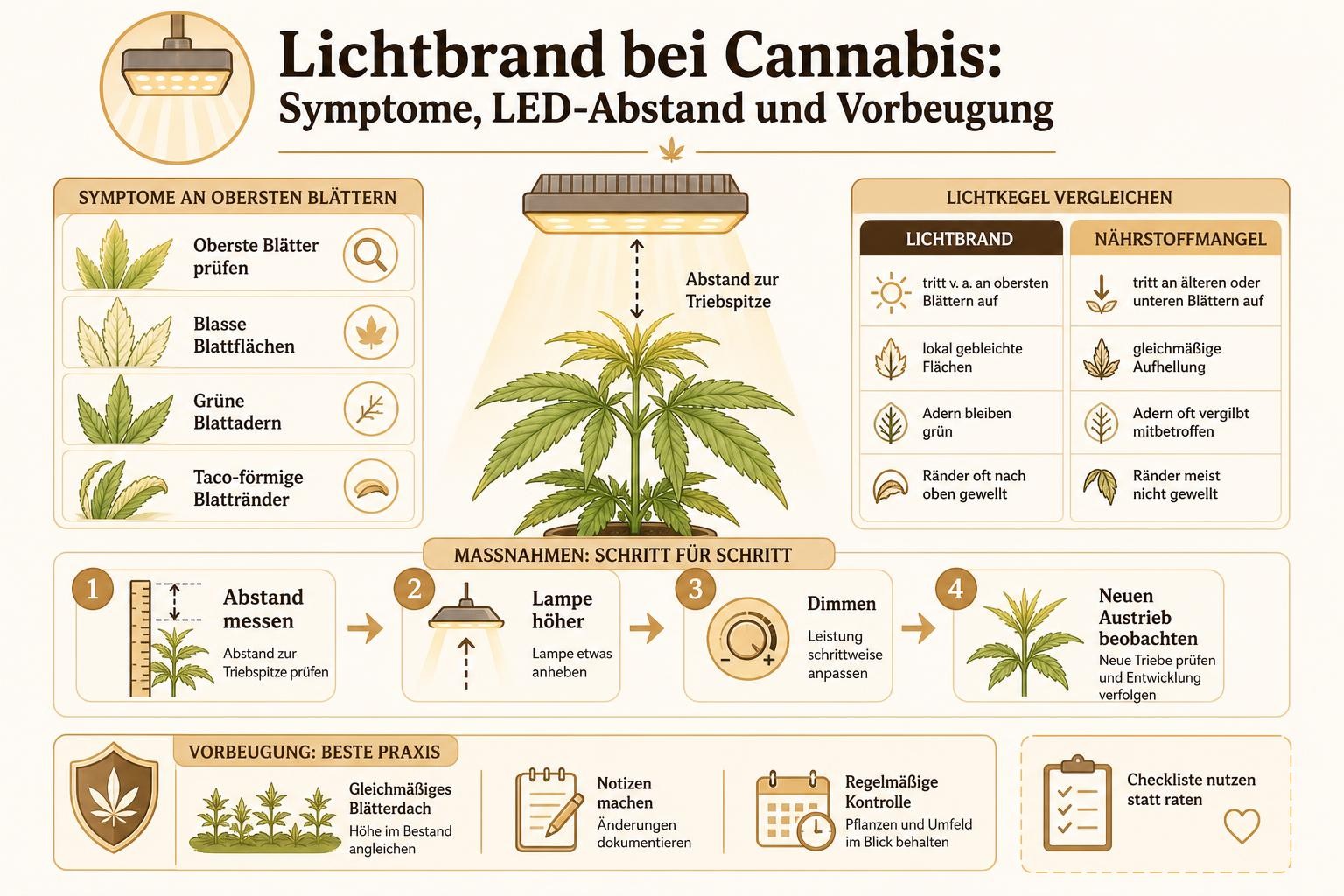 Infografik: Lichtbrand bei Cannabis: Symptome, LED-Abstand und Vorbeugung