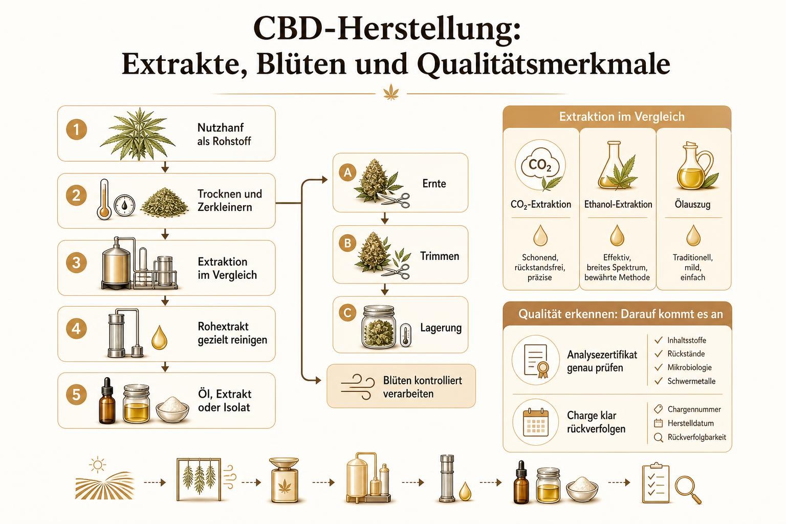 Infografik: CBD-Herstellung: Extrakte, Blüten und Qualitätsmerkmale