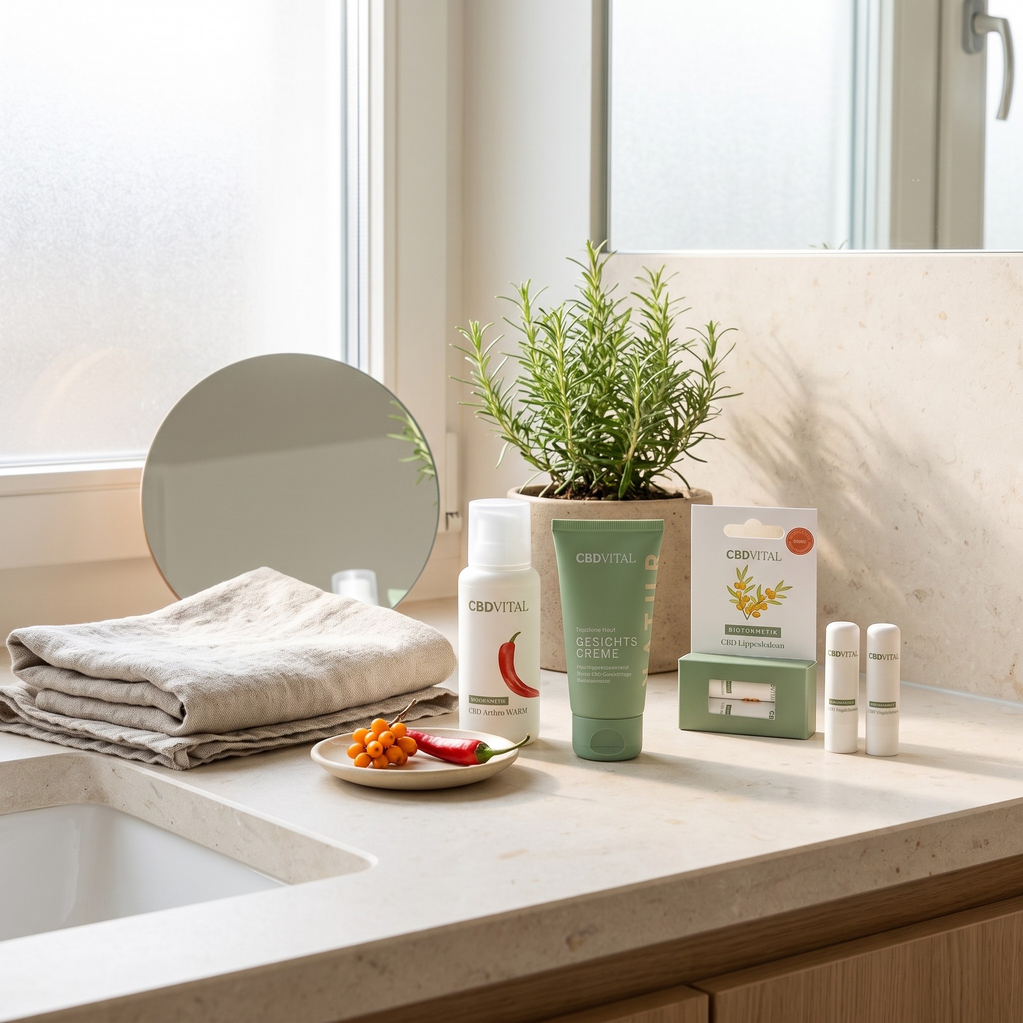 Kosmetik Bundle – Kosmetik-Bundle steht auf einem hellen Waschtisch im Badezimmer