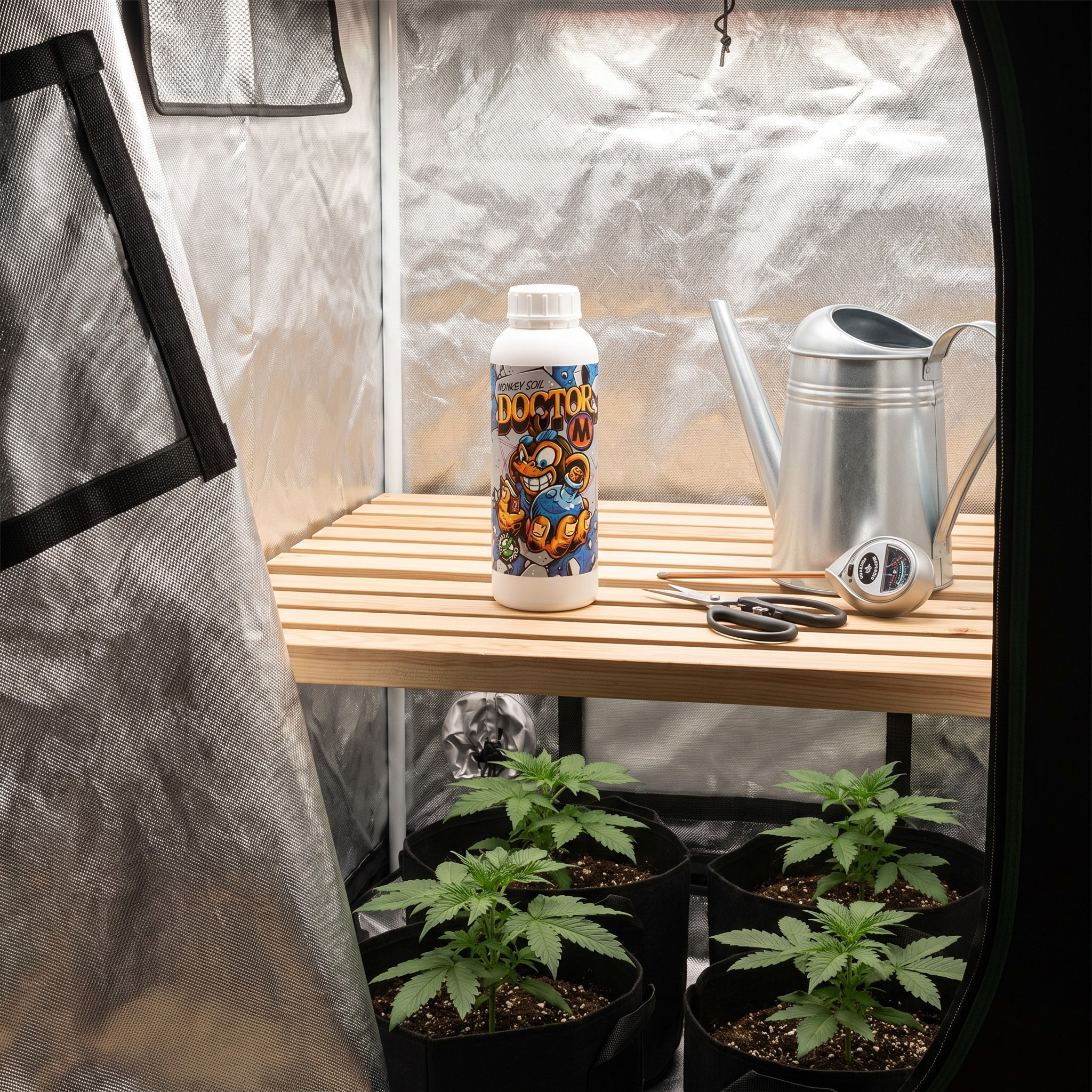 Monkey Doctor – Monkey Doctor Flasche im aufgeräumten Homegrow-Zelt neben jungen Pflanzen