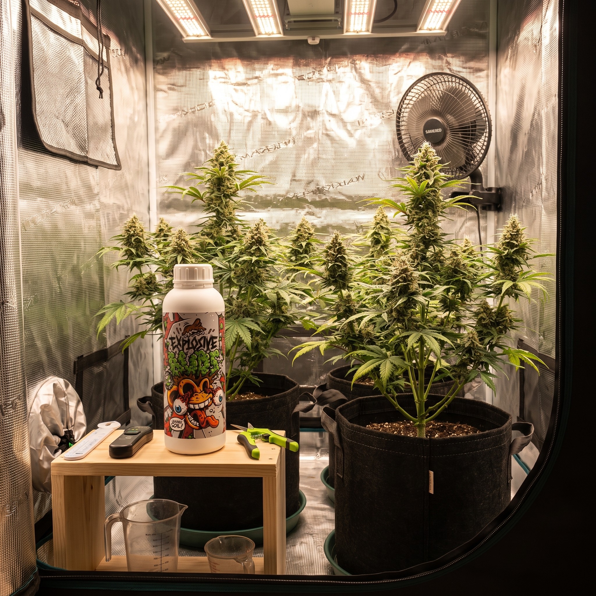 Monkey Explosive Buds – Monkey Explosive Buds Flasche steht in einem aufgeräumten Homegrow-Zelt