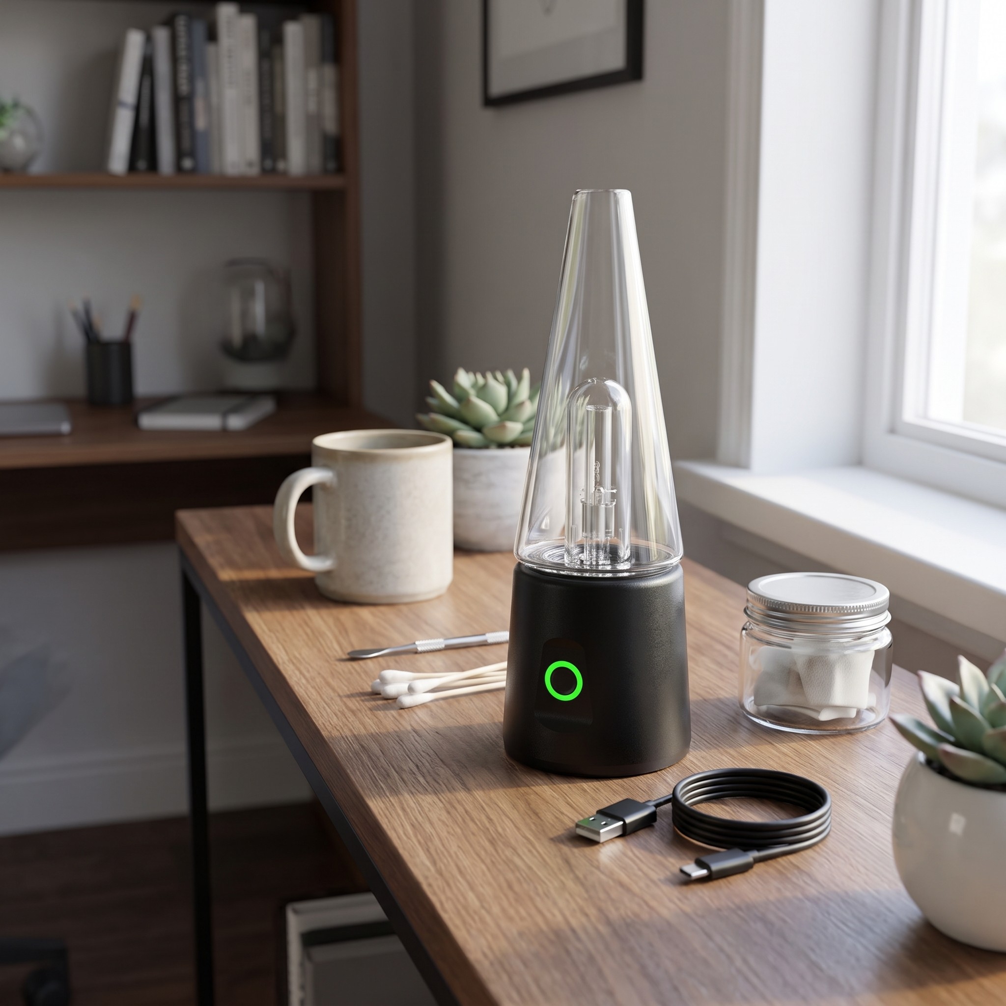 Moodbabo Amado Vaporizer – Moodbabo Amado Vaporizer mit Ladekabel und Reinigungszubehör auf einem Sideboard