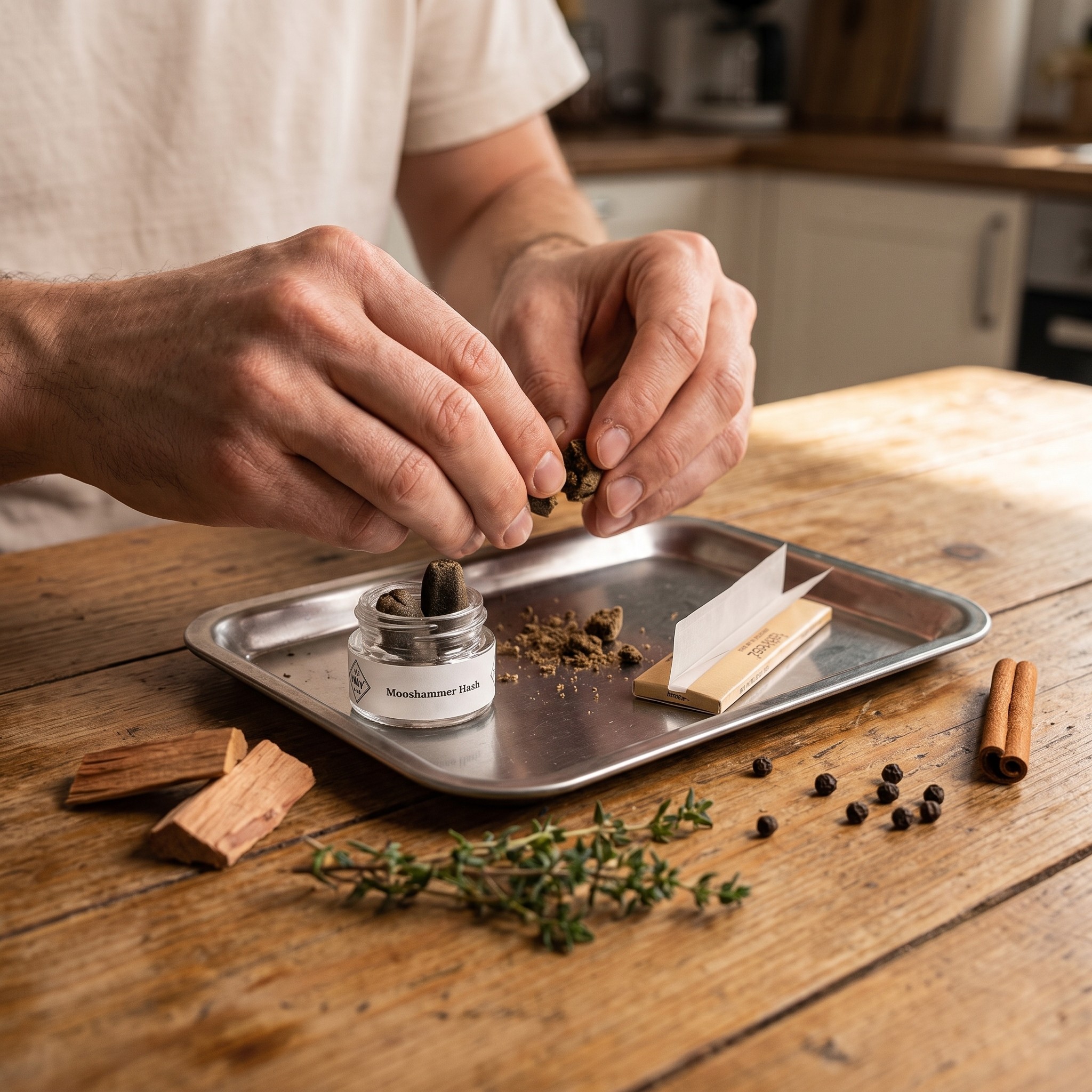 Mooshammer Hybrid Hash – Erwachsene Person bröselt Mooshammer Hash aus dem Glas auf ein Drehtablett