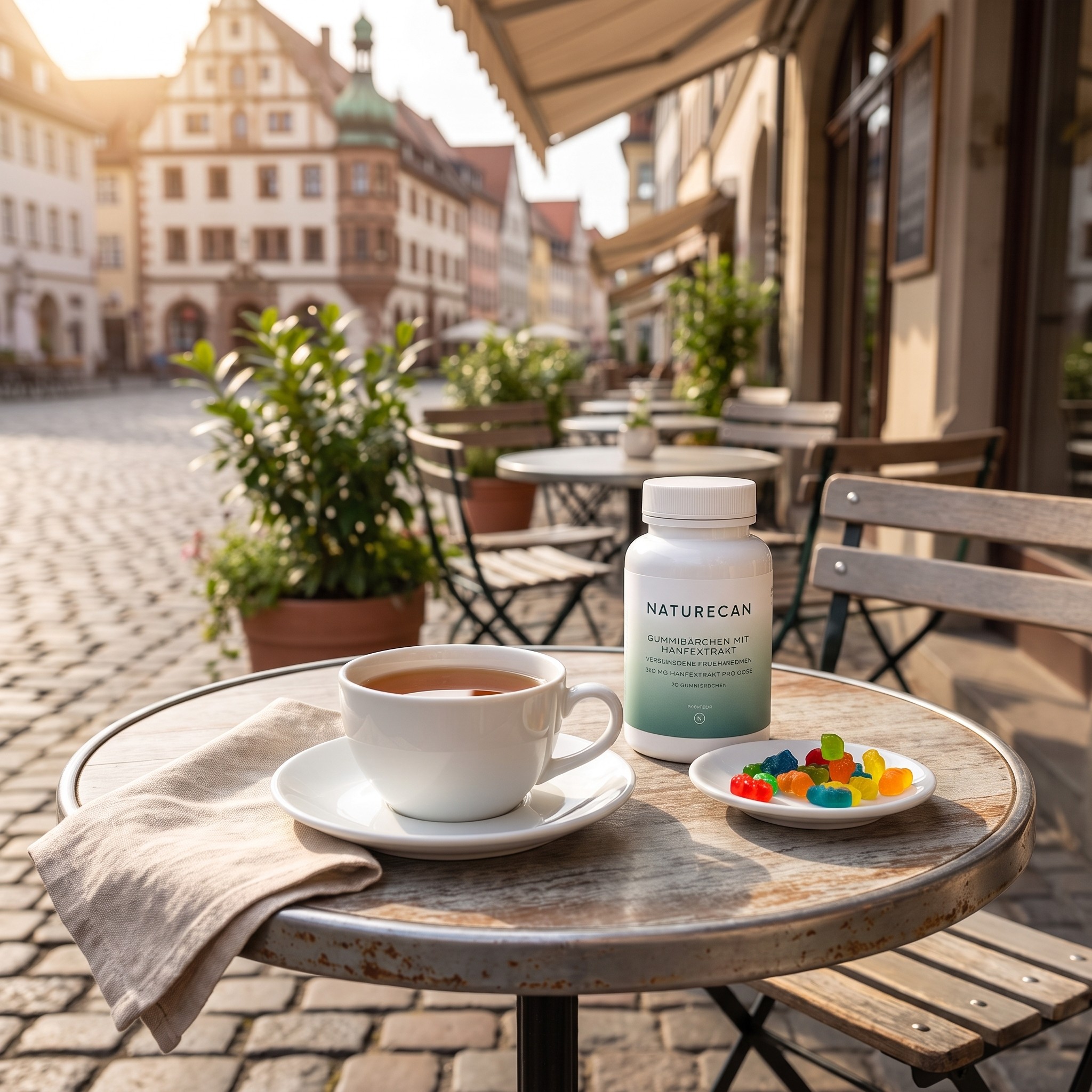NatureCan CBD Gummibärchen – NatureCan CBD-Gummibärchen Flasche auf einer Café-Terrasse