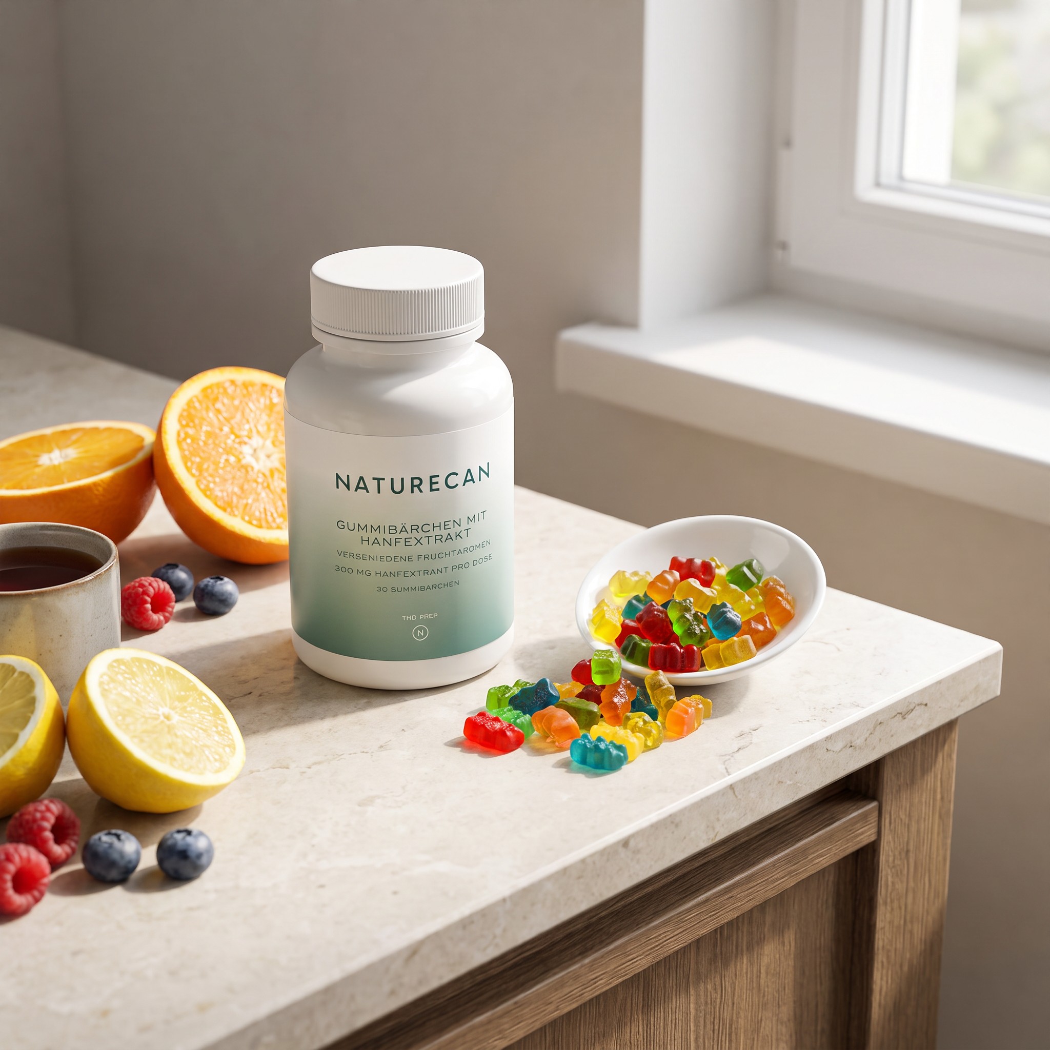 NatureCan CBD Gummibärchen – NatureCan CBD-Gummibärchen Stillleben mit Früchten und Tee