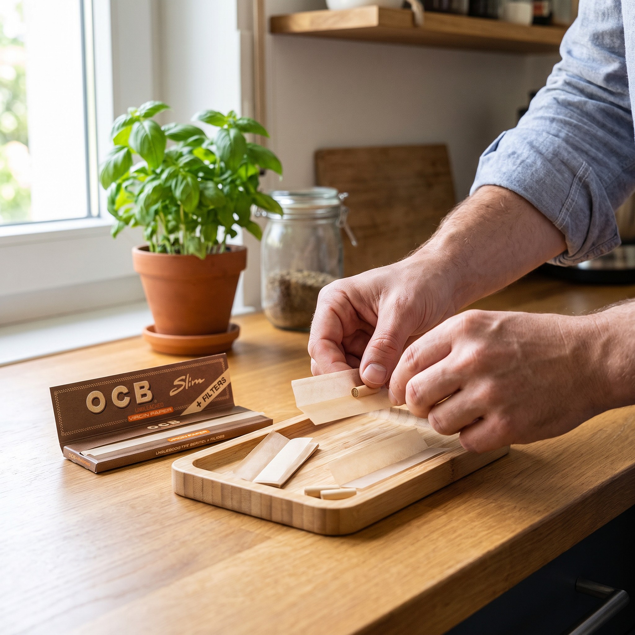 OCB Slim Virgin Unbleached – Erwachsener legt Filtertip und Paper aus der OCB Slim Virgin Packung auf ein Rolling Tray