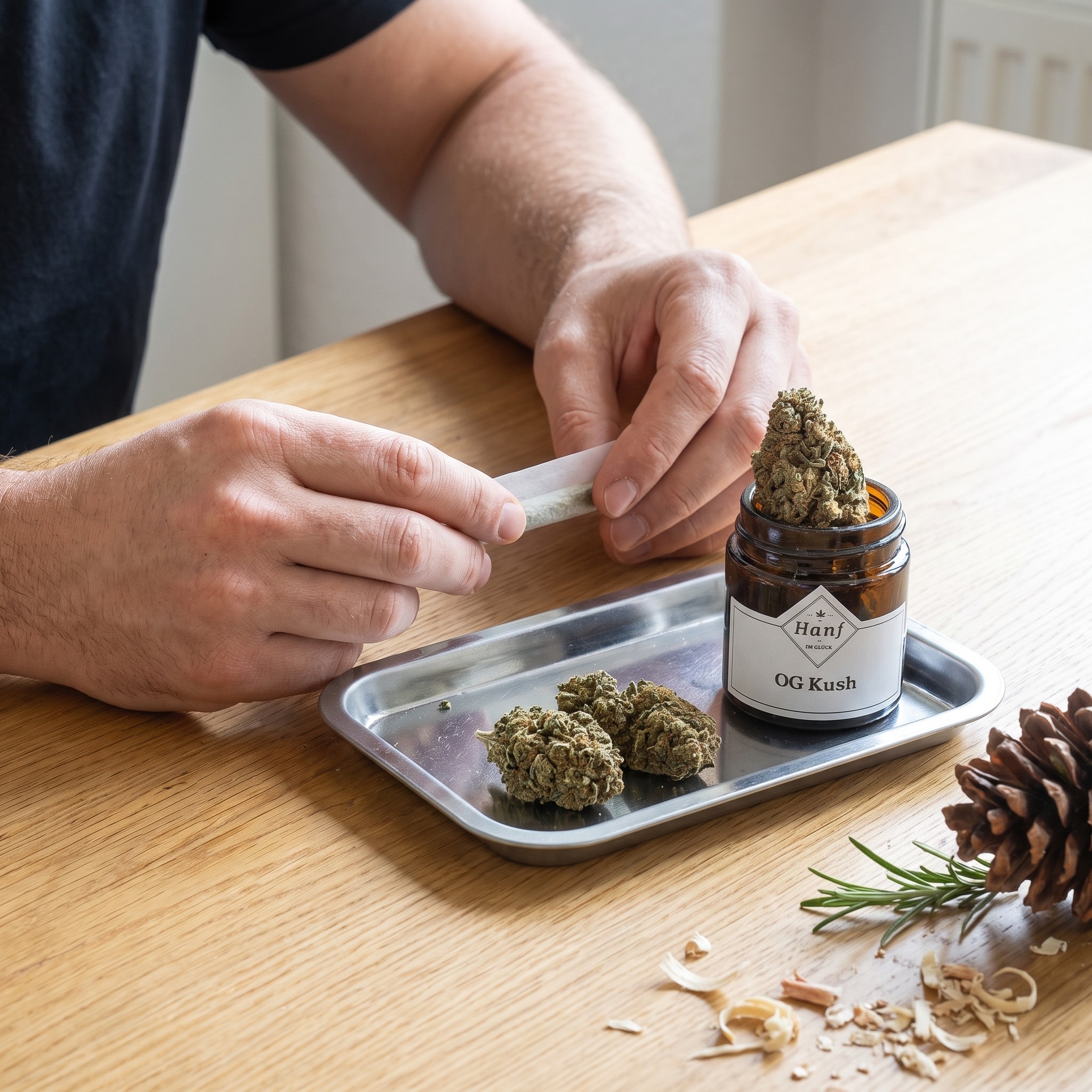 OG Kush – Erwachsene Person dreht eine unbeleuchtete Paper neben dem offenen OG-Kush-Glas auf einem Tablett