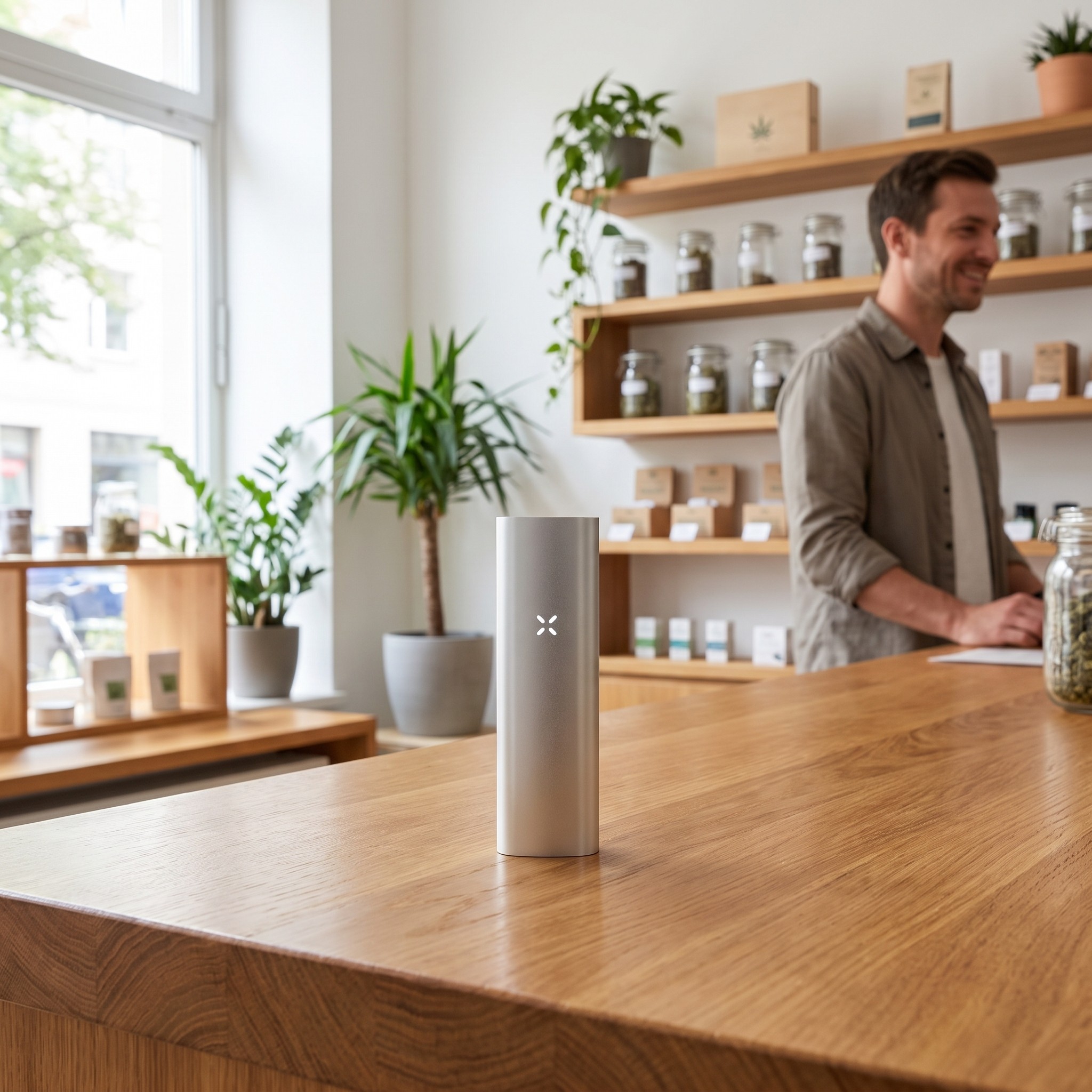 Pax Mini – Pax Mini Vaporizer steht auf der Holztheke eines Hanf-Fachgeschäfts