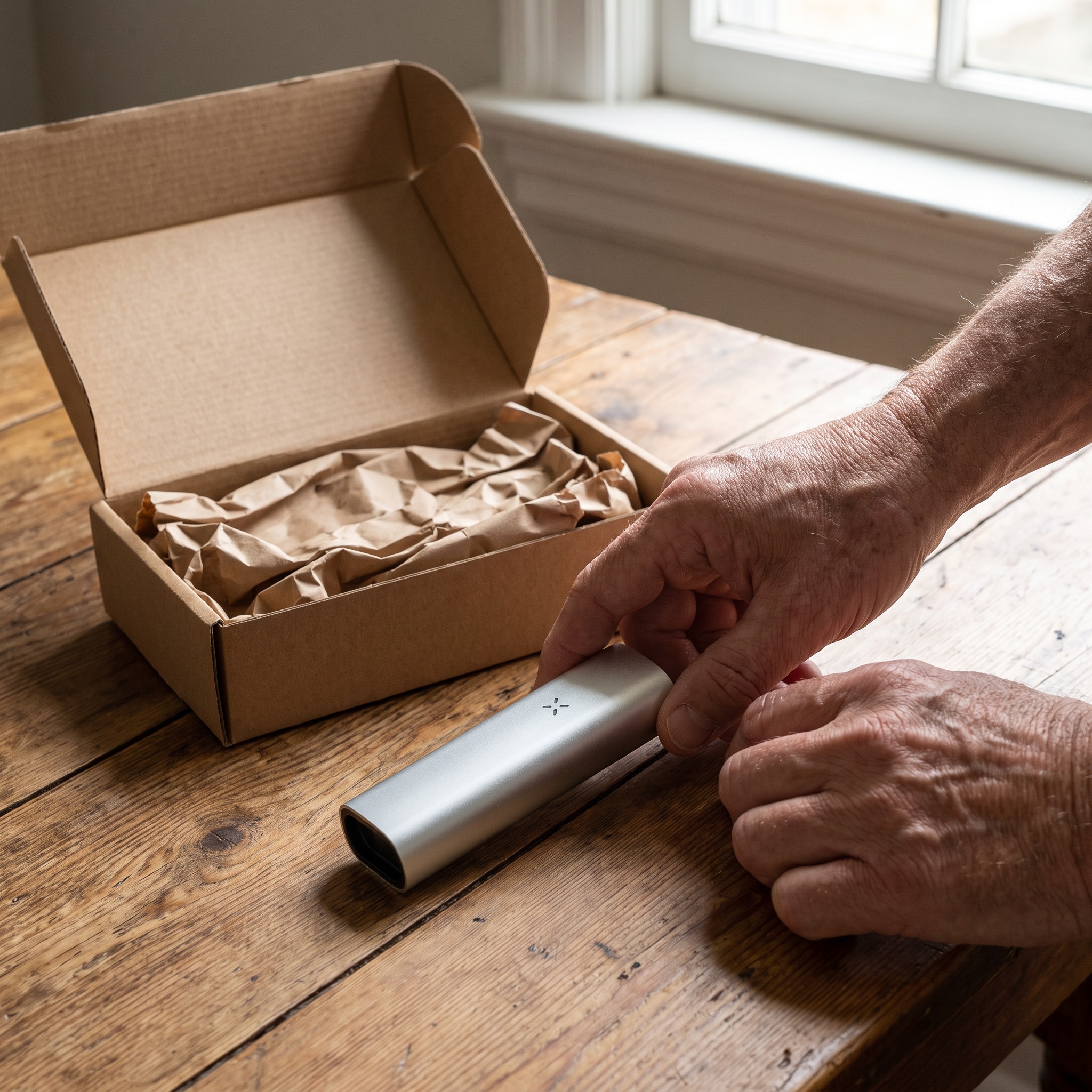 Pax Mini – Pax Mini Vaporizer wird am Küchentisch aus einem Paket genommen