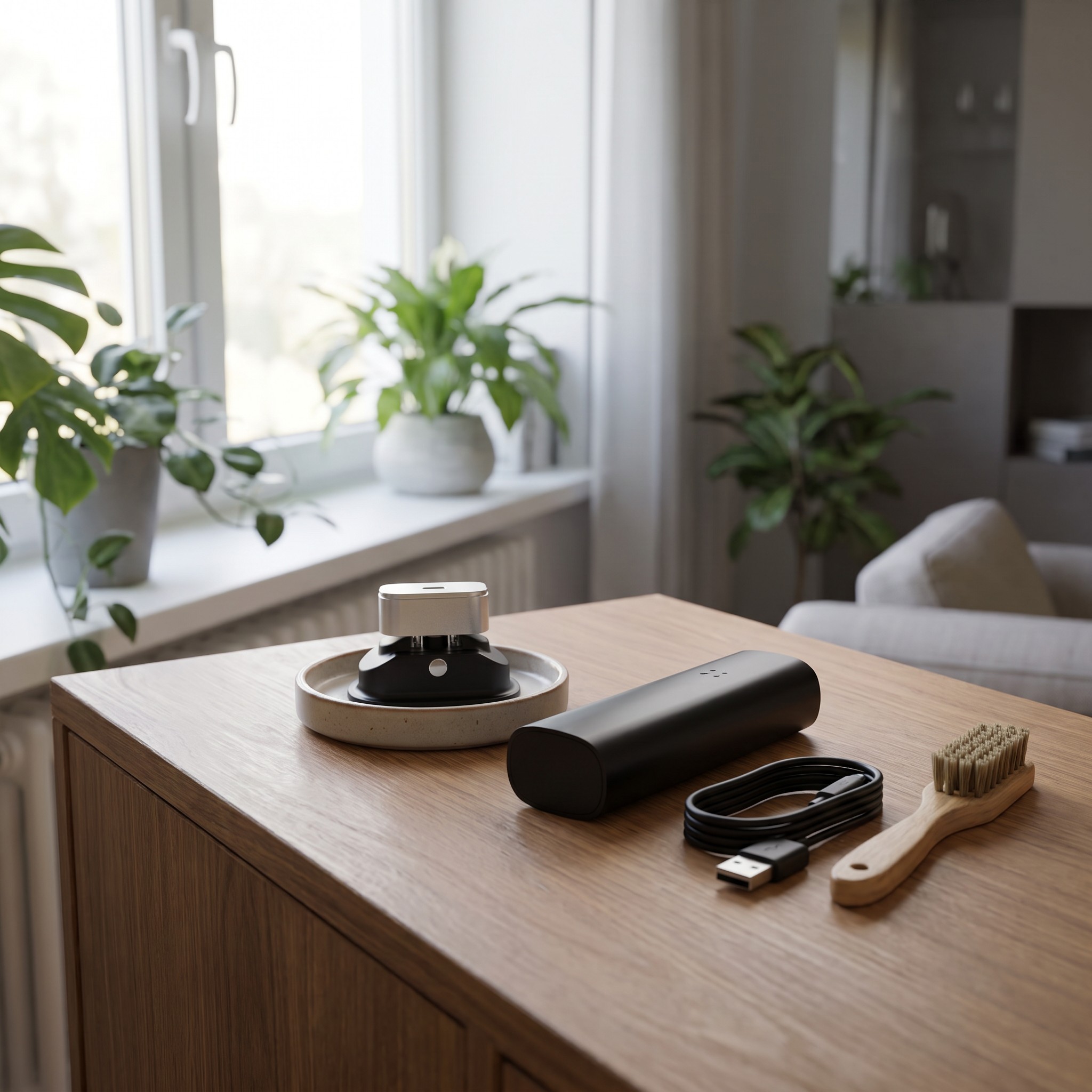 Pax Plus Konzentrateinsatz – Pax Konzentrateinsatz mit Vaporizer und Ladekabel auf dem Fenster-Sideboard