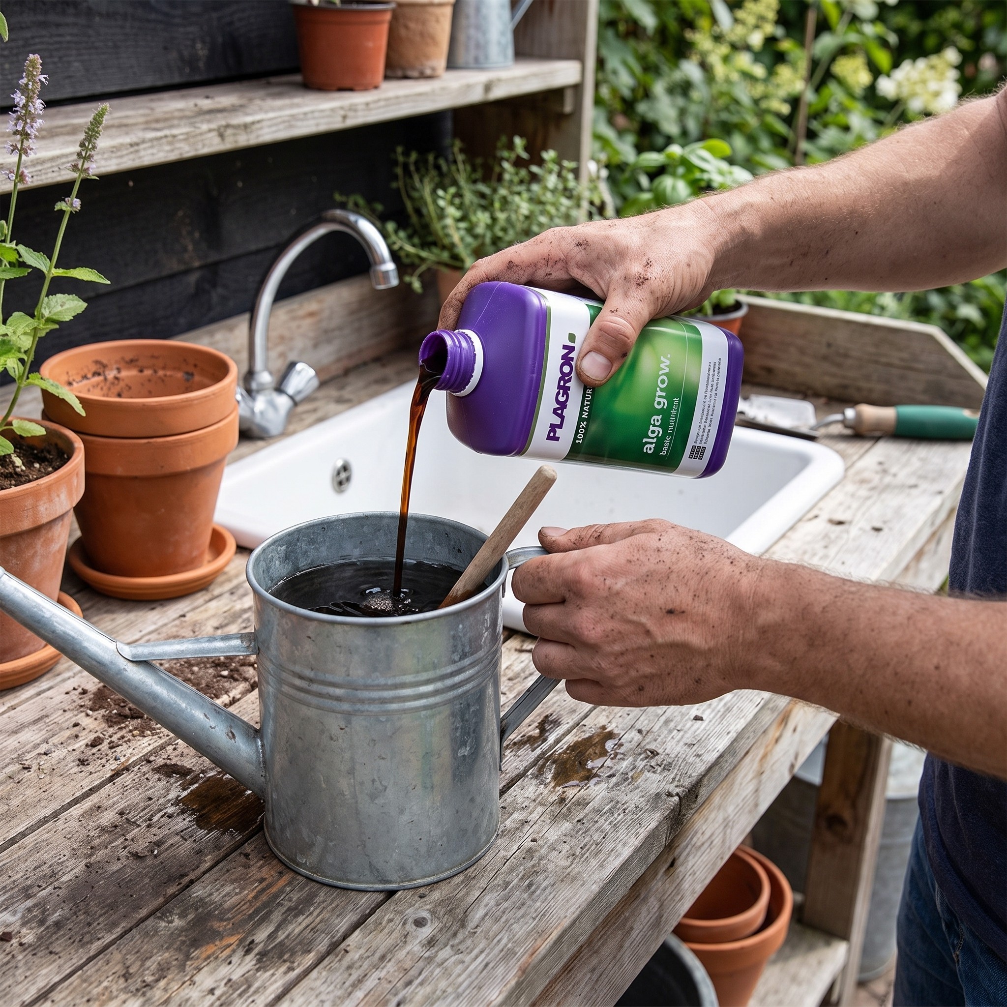 Plagron Alga Grow – Erwachsener mischt Alga Grow in eine Gießkanne
