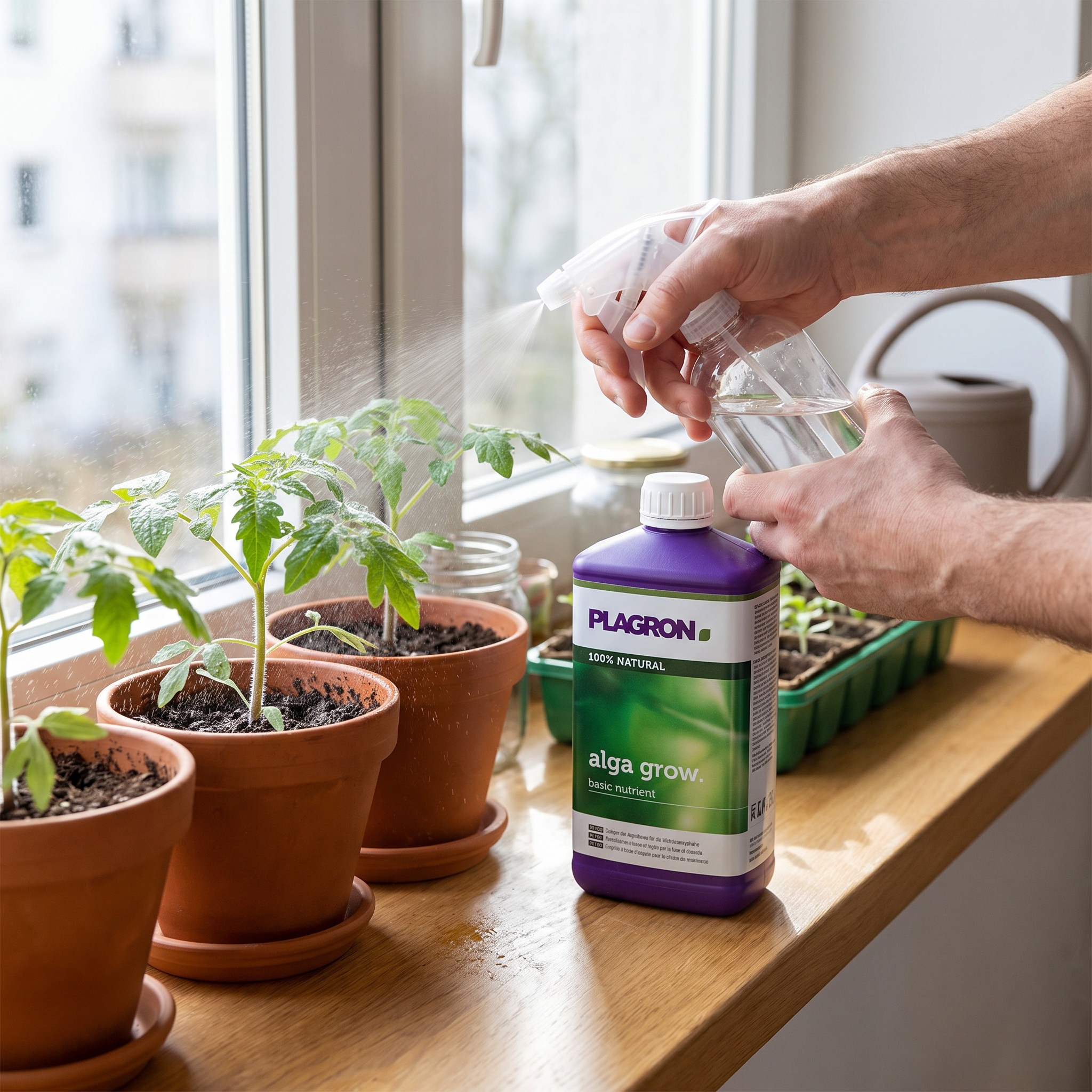 Plagron Alga Grow – Alga Grow auf der Fensterbank neben Setzlingen beim Blattsprühen