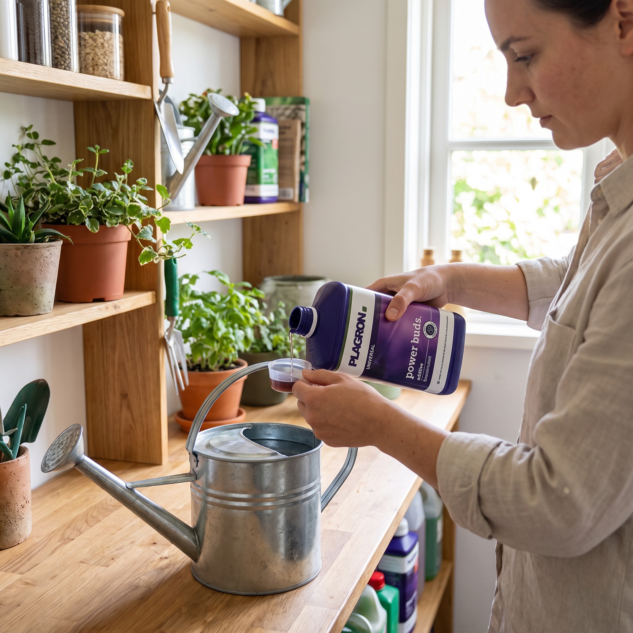 Plagron Power Buds – Erwachsener dosiert Plagron Power Buds ins Gießwasser