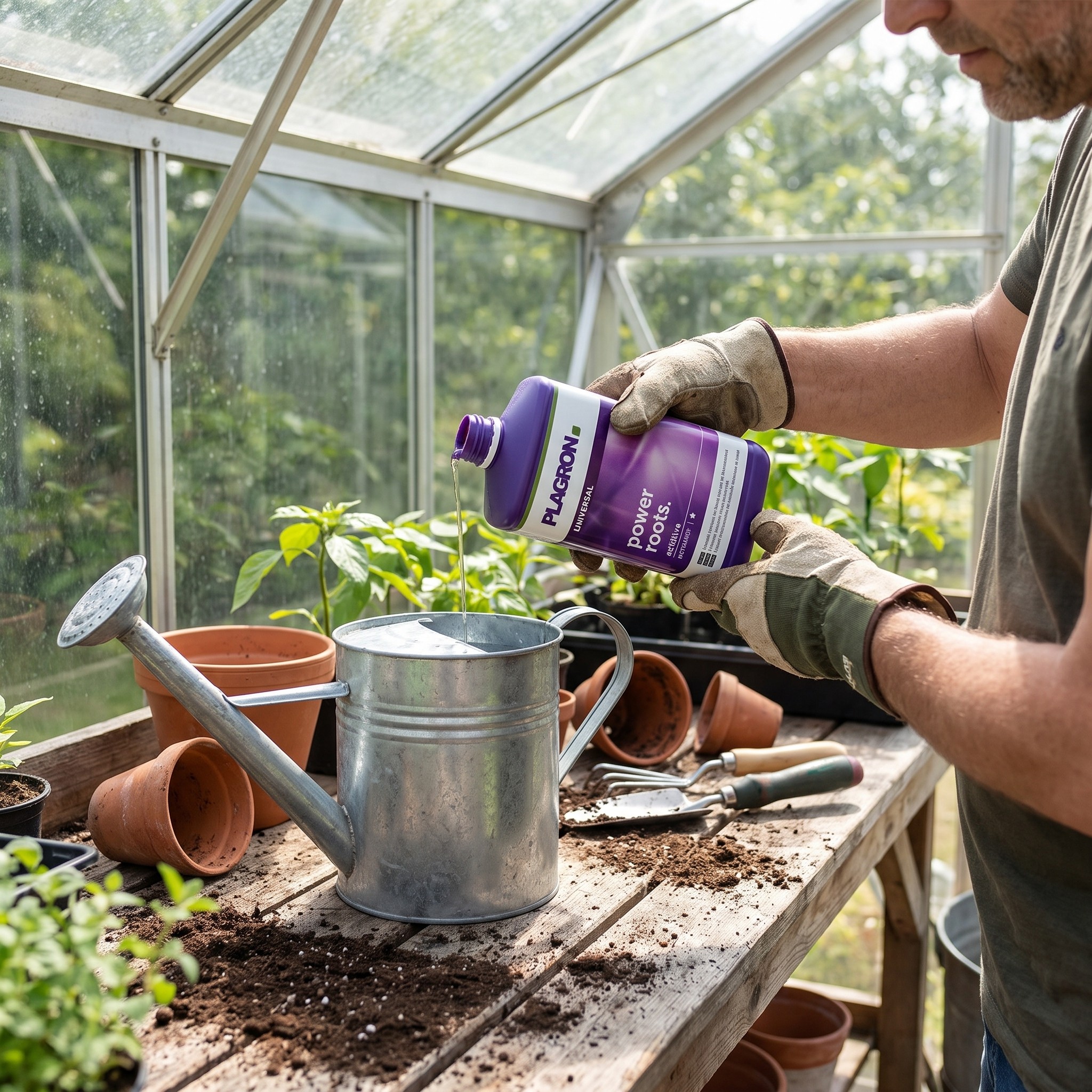 Plagron Power Roots – Erwachsener dosiert Plagron Power Roots in eine Gießkanne am Pflanztisch