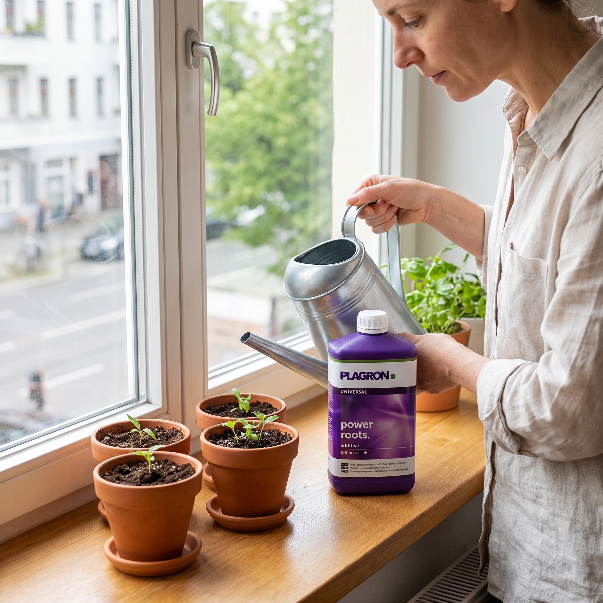 Plagron Power Roots – Plagron Power Roots Flasche neben Setzlingen auf der Fensterbank