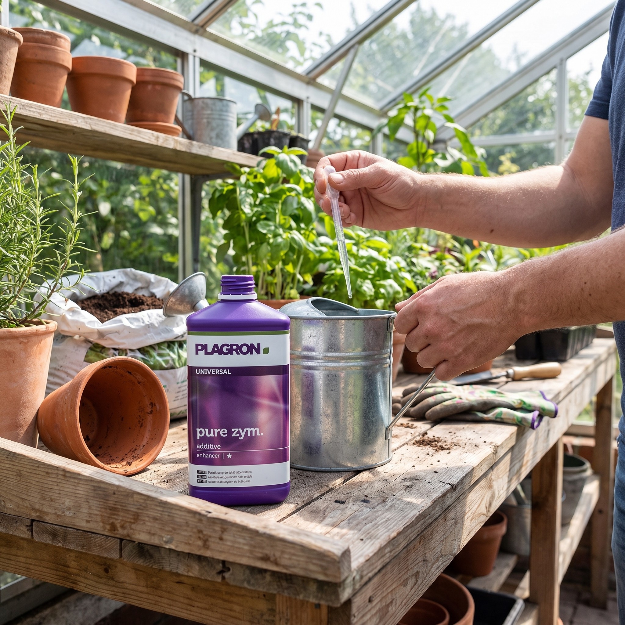Plagron Pure Zym – Erwachsener dosiert Plagron Pure Zym an der Pottingbank in eine Gießkanne
